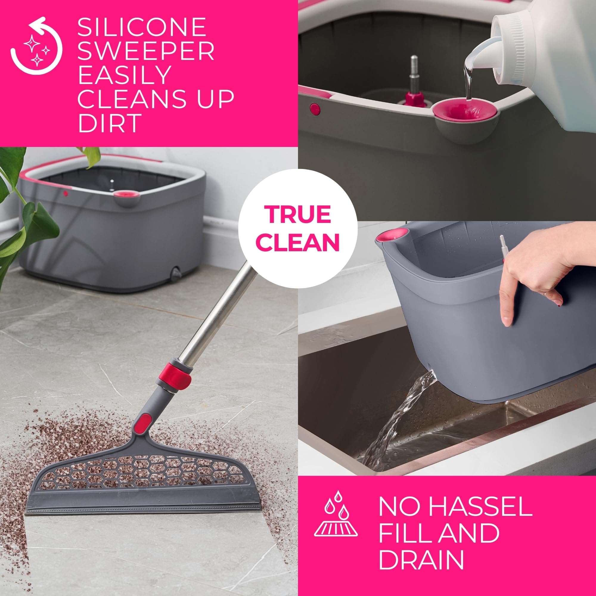 Mopa giratoria Cuadrada Resistente para Limpieza de Suelos, Compartimento Separado para Agua Limpia y Sucia, Utiliza Cualquier solución de Limpieza, autolimpieza, Almohadillas Lavables a máquina