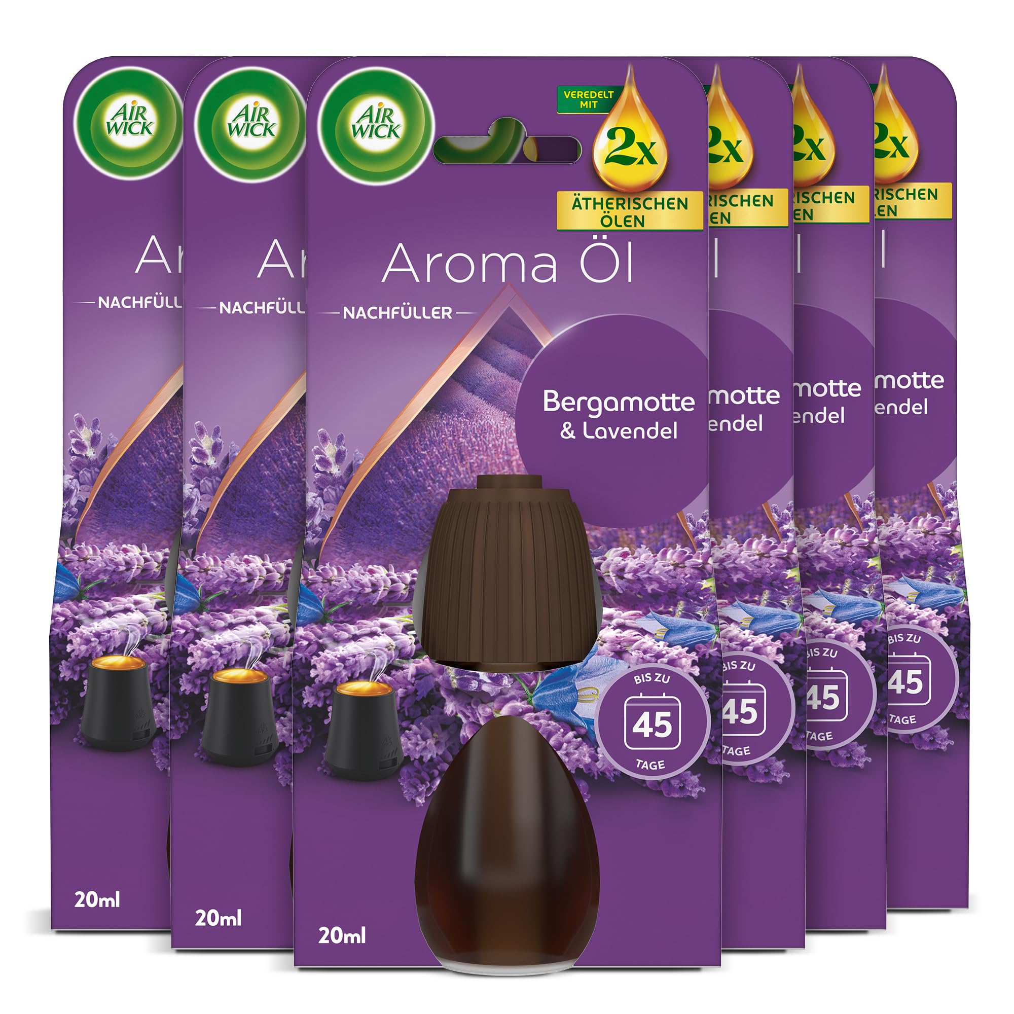 Air Wick Aroma-Öl Flakon Nachfüller – Duft: Bergamotte und Lavendel – Floraler Wohnungsduft mit ätherischen Ölen – 6 x 20ml Duftöl Set