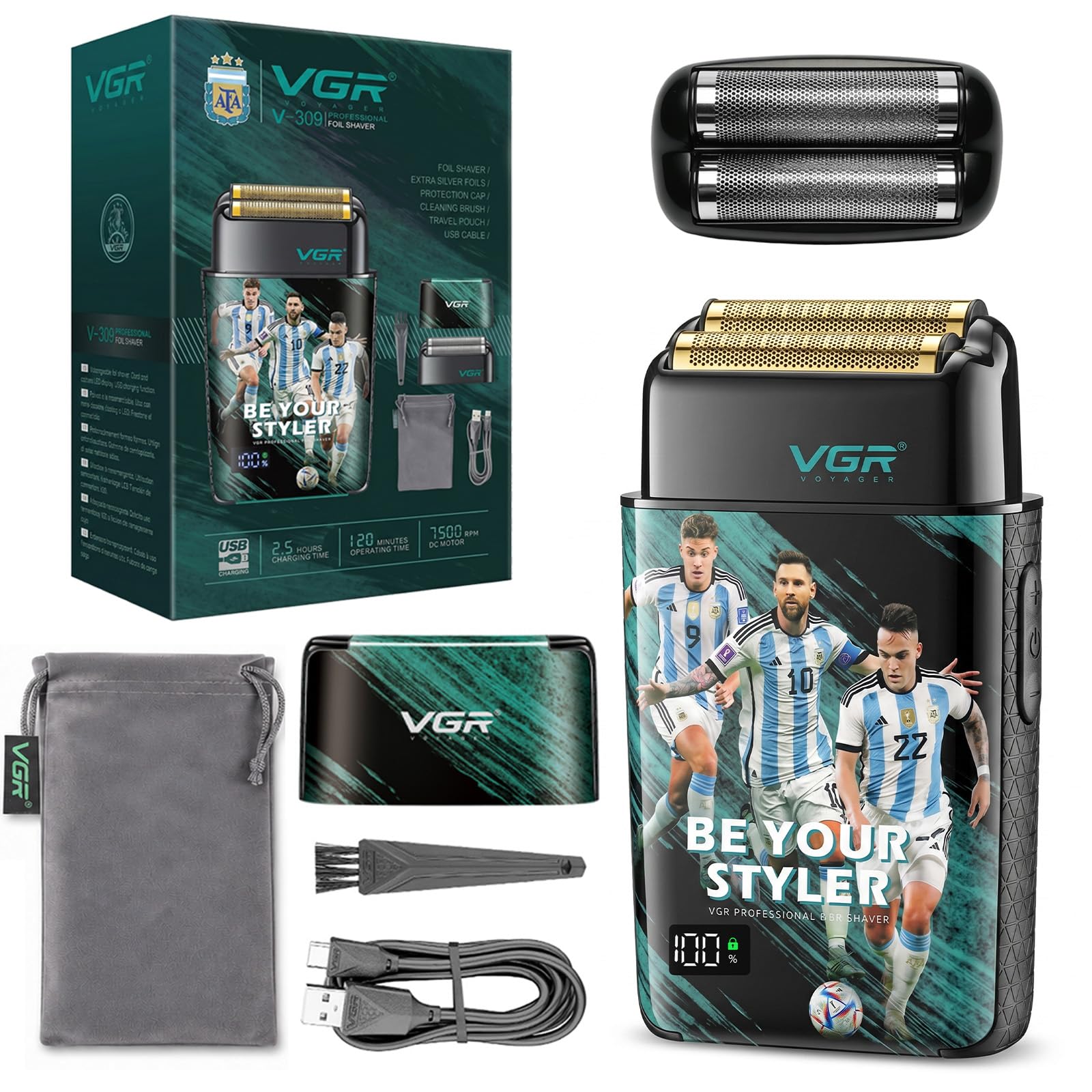 VGR 309 Afeitadora De Láminas Hombre Inalámbrica, Foil Shaver Con Doble Lámina De Titanio, Afeitadora Eléctrica 7500 RPM, IPX6 Resistente Al Agua, Bloqueo De Viaje, Pantalla LED