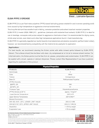 ELBA | PerFluorinated Polyether/PTFE | Pure PFPE/PTFE Grease | Compare to: Kluber BARRIERTA L55/2 | Krytox by Chemours Krytox GPL206 | 800 Gram Tube