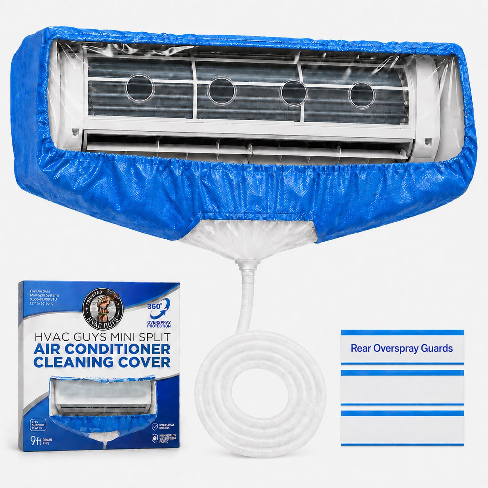 Mini Split Cleaning Kit - Reusable Waterproof Protection–Fits 27-35in Units | Reusable Minisplit Cleaning Bag with 9ft Drain Hose, Front & Rear Overspray Guards, Fits 27-35in Units