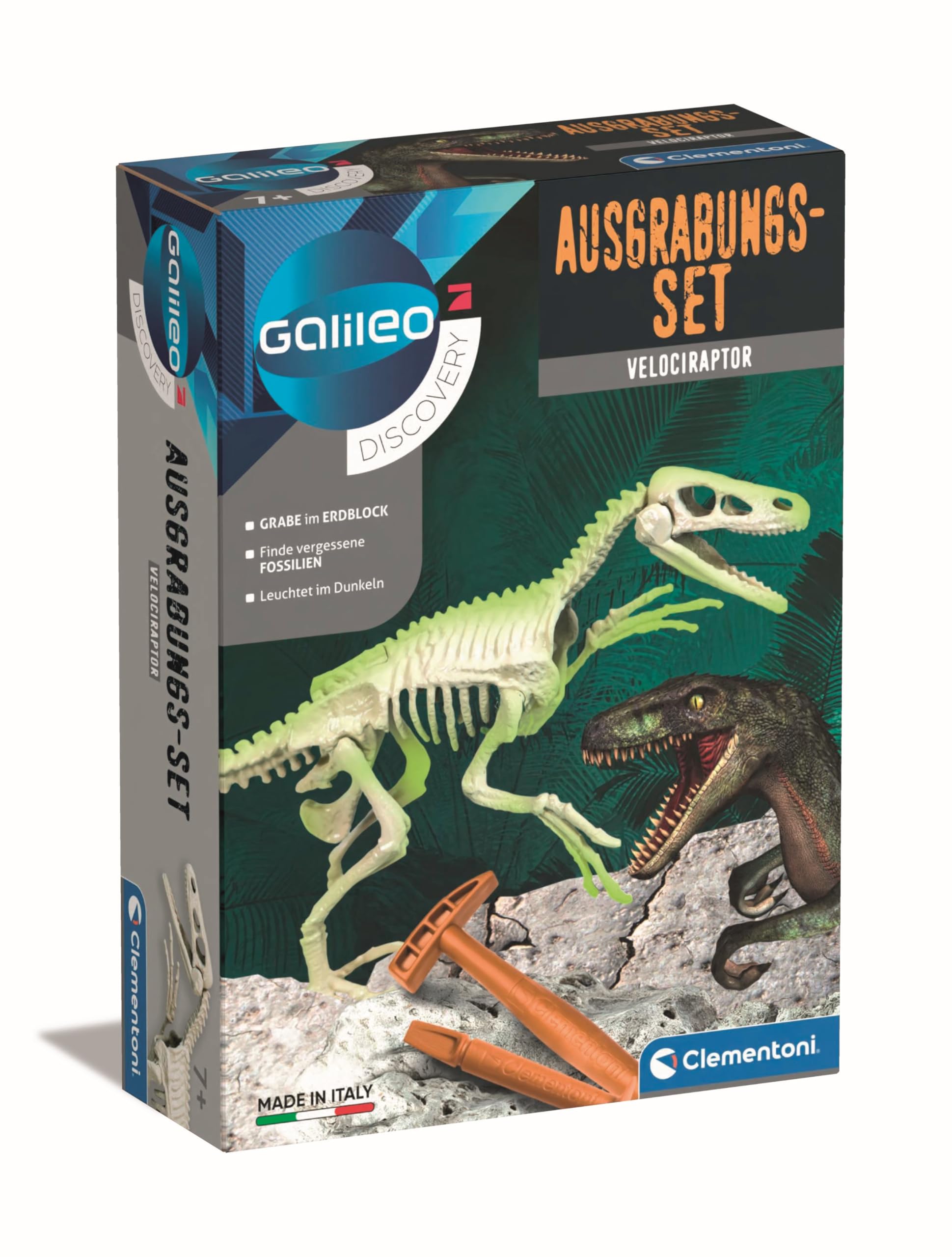 Clementoni Galileo Discovery - Kit de excavación Velociraptor, Juguete para niños a Partir de 7 años, desenterrar fósiles de Dinosaurios con Martillo y cincel para pequeños investigadores Clementoni