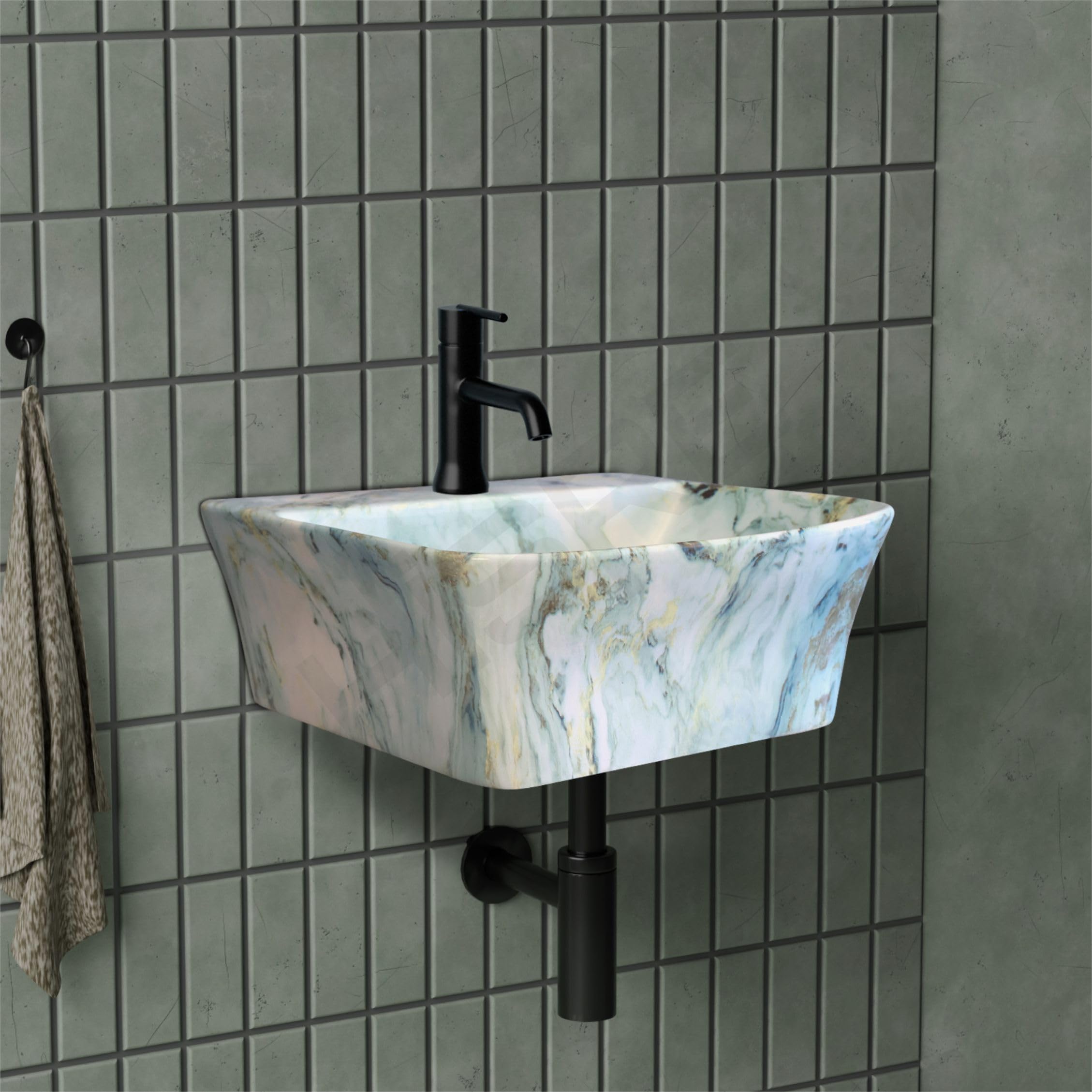 HISRE Wall Mount Wash Basin 13x13x5 Inch | Black Gold Marble Finish Ceramic Sink (White & Marble Design, 13x13x5), photo 2 of 5