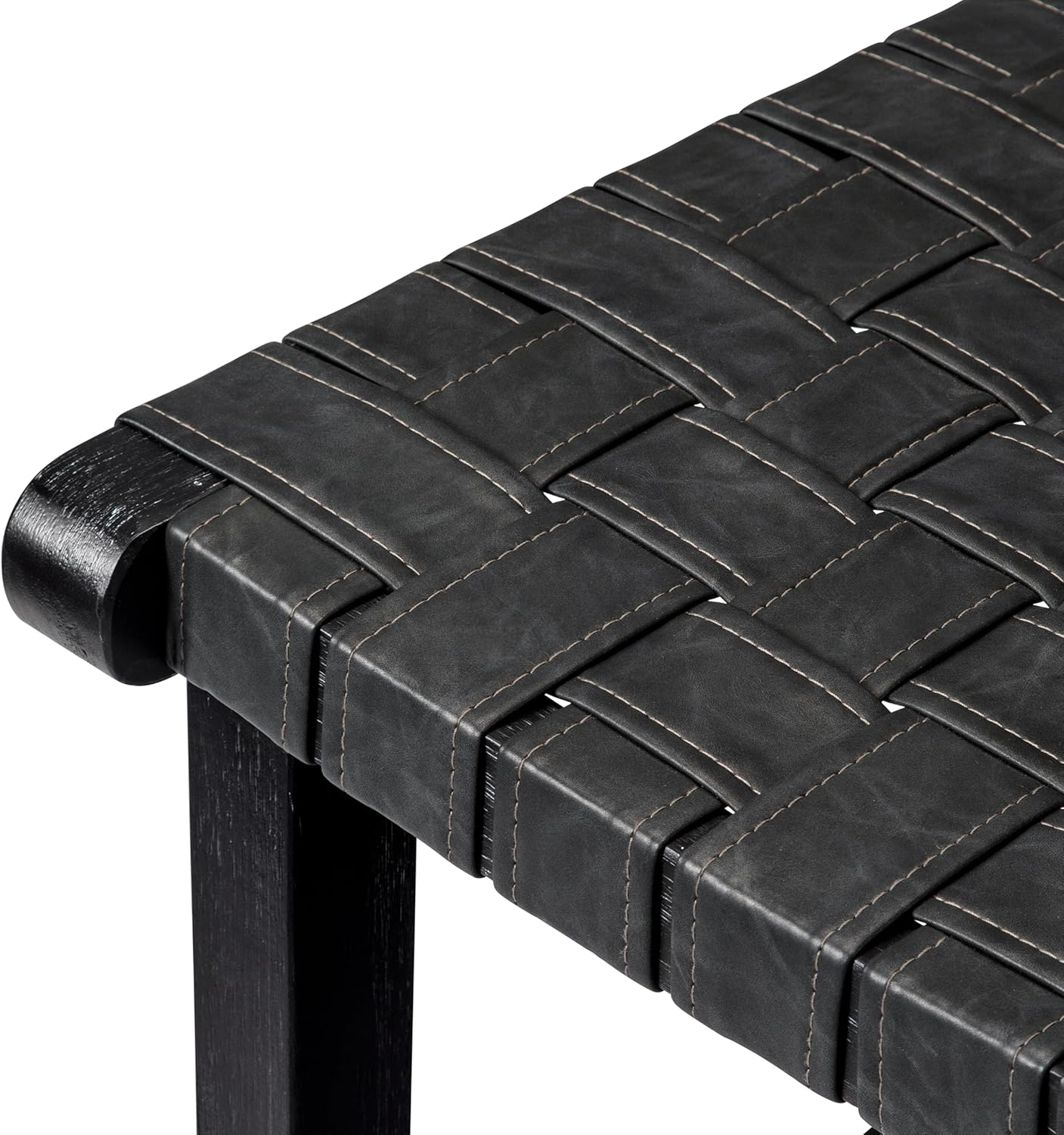 Maven Lane 30" Noah Barstool with Back - Modern Solid Wood Bar Height Chair with Artisan Woven Black Finish and Dark Grey Faux Leather Barstools for Kitchen Island, Dining Area