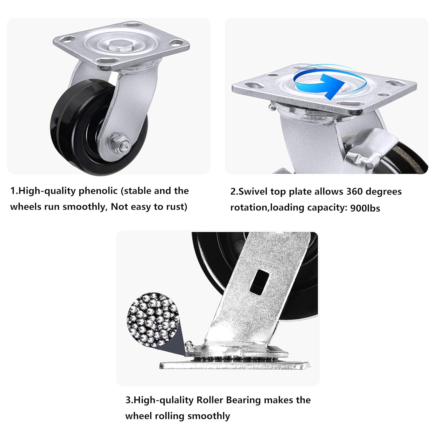 4"x2" Phenolic Wheel Top Plate Swivel Caster with Roller Bearing Capacity Up to 900lbs (1 Swivel Wheel)