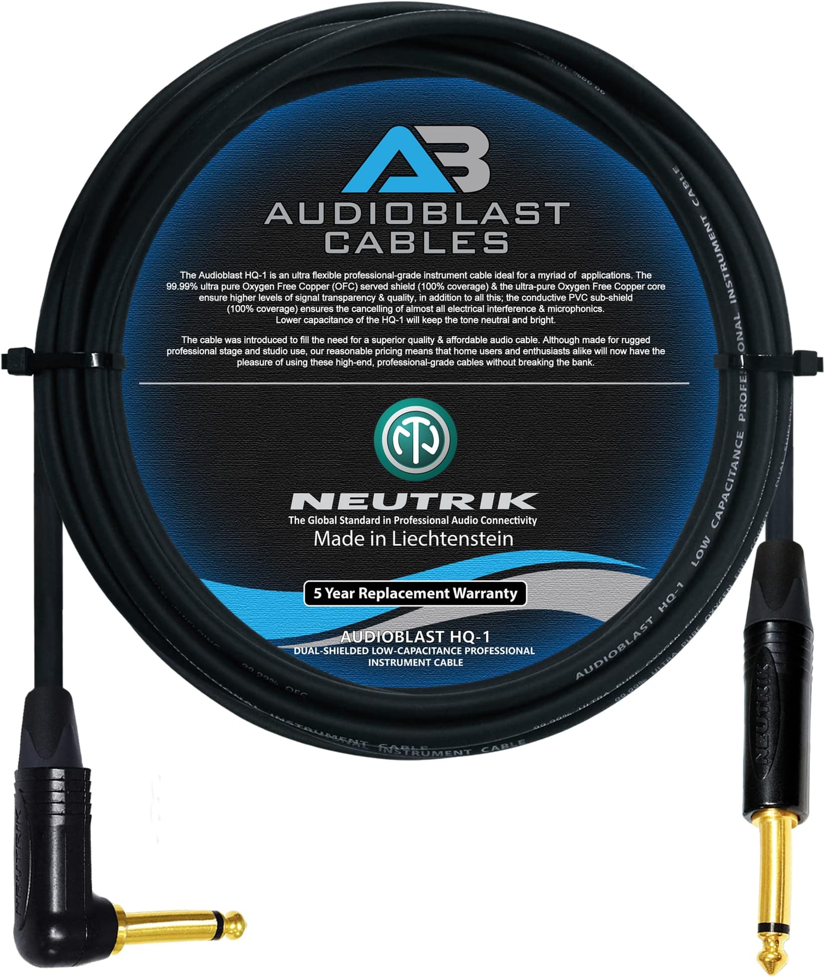 15 Foot - Audioblast HQ-1 - Ultra Flexible - Dual Shielded (100%) – Guitar Bass Instrument Cable w/Neutrik NP2RX-B Angled & NP2X-B Straight ¼ Inch (6.35mm) TS Plugs