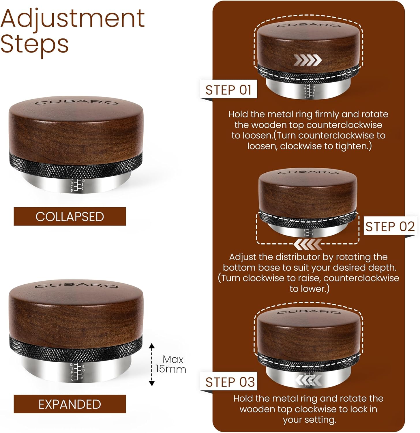 53.3mm Espresso Distributor 54mm – Adjustable Depth Coffee Leveler & Distribution Tool – Walnut Wood Handle & Stainless Steel Base – Fits Breville 54mm Portafilter Espresso Accessories