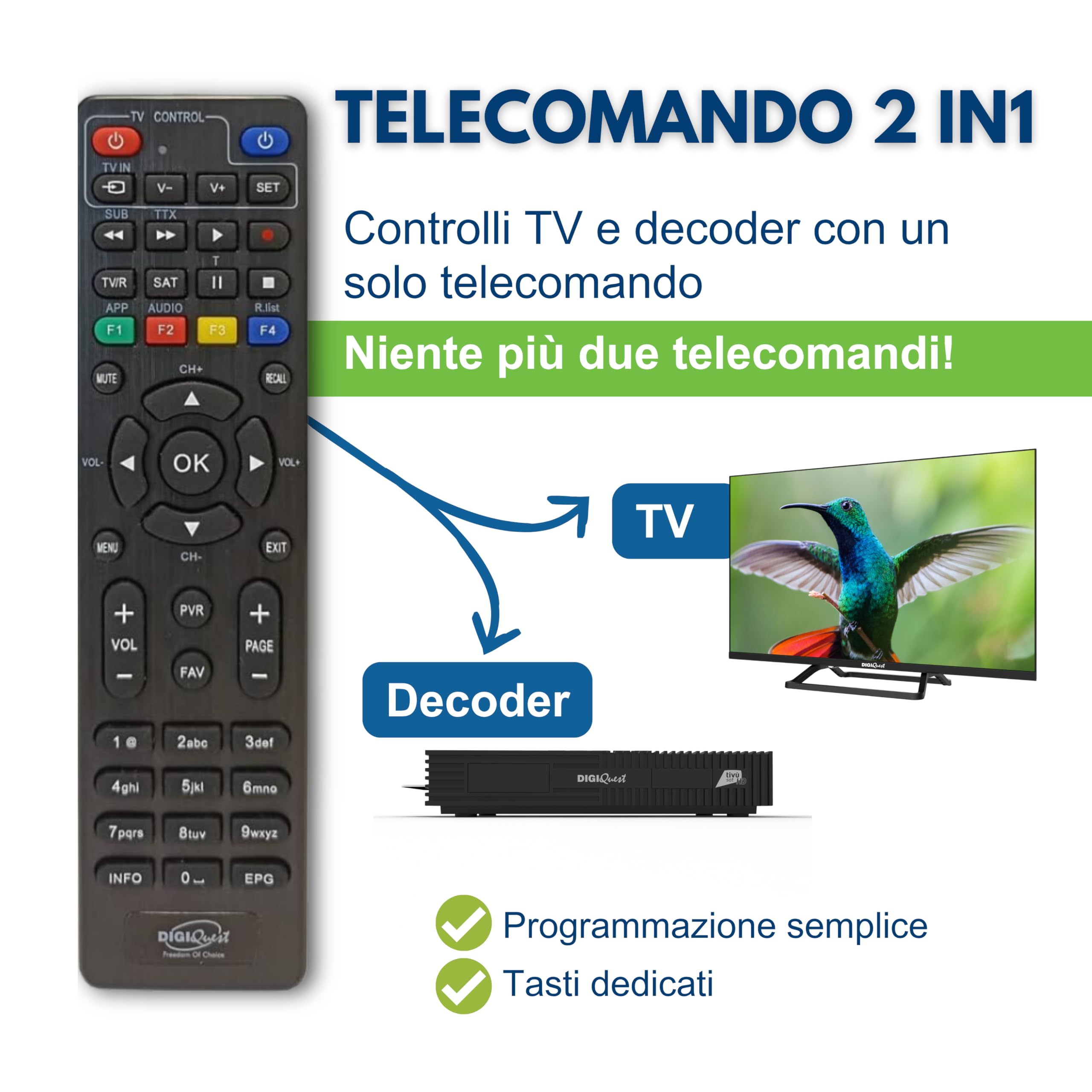 DIGIQUEST Decoder Tivùsat Ti9 con Smartcard Inclusa | Collega e guarda subito | Facile da installare | Telecomando 2in1 | Funzione di registrazione attivabile | DVB-S2 | HDR10/ HLG | Merlin