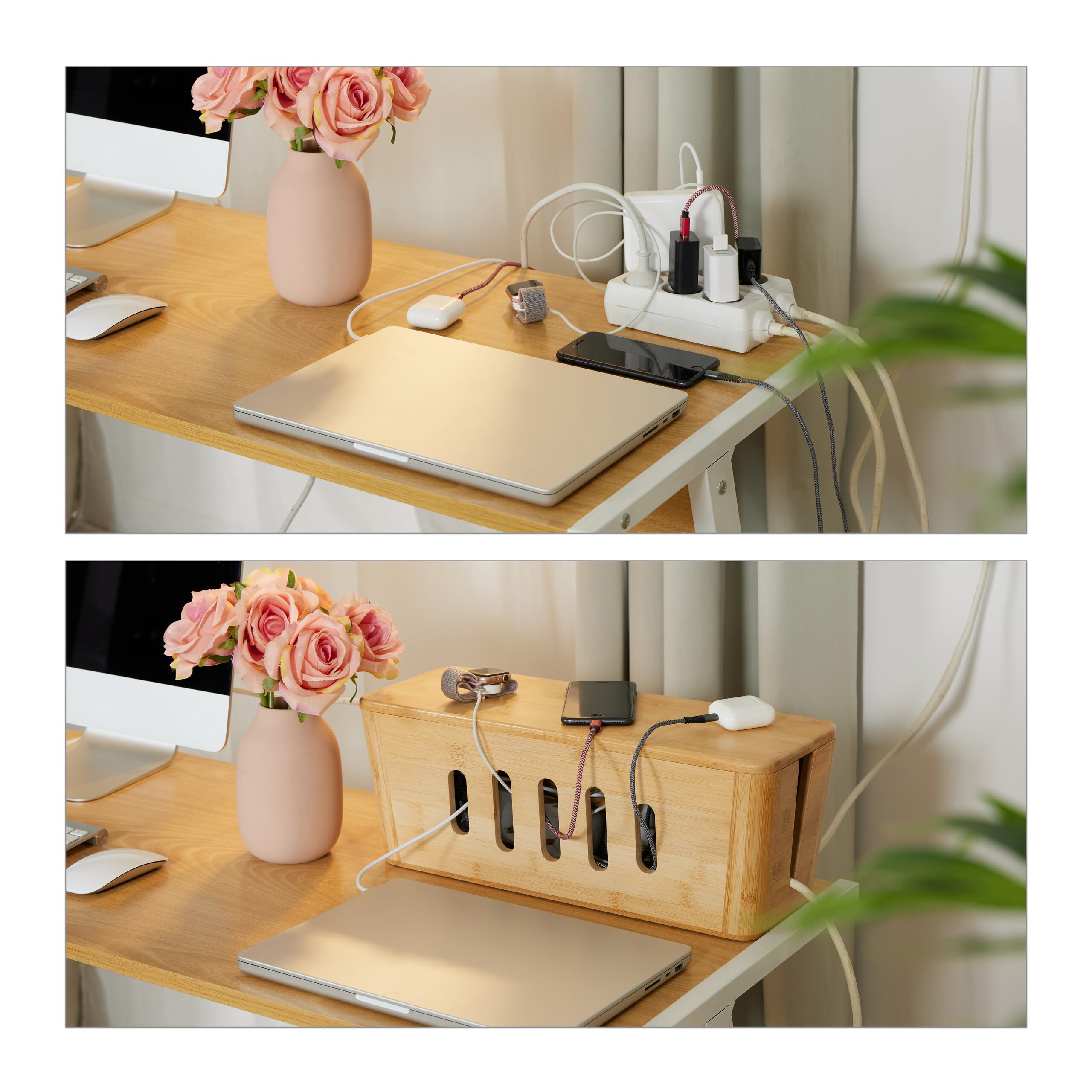 Relaxdays Scatola Porta Cavi da Scrivania, Nascondicavi per 2 Ciabatte, Cable Box HLP: 16,5x44x16 cm, in bambù, Naturale