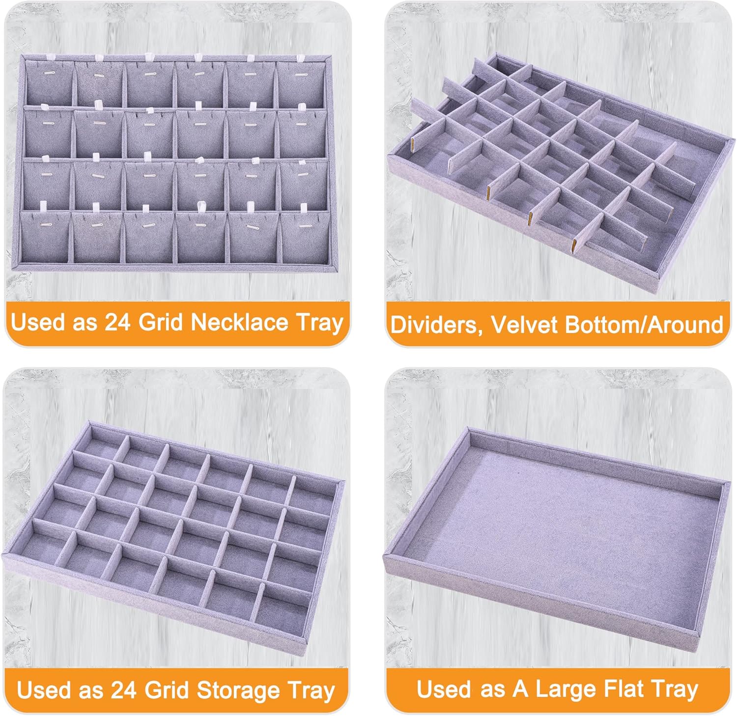 Mornajina 24 Grid Jewelry Tray Velvet Jewelry Display Tray with Removable Dividers, Jewelry Organizer Stackable Trays for Earrings Necklaces Bracelet Rings Display Showcase - Grey