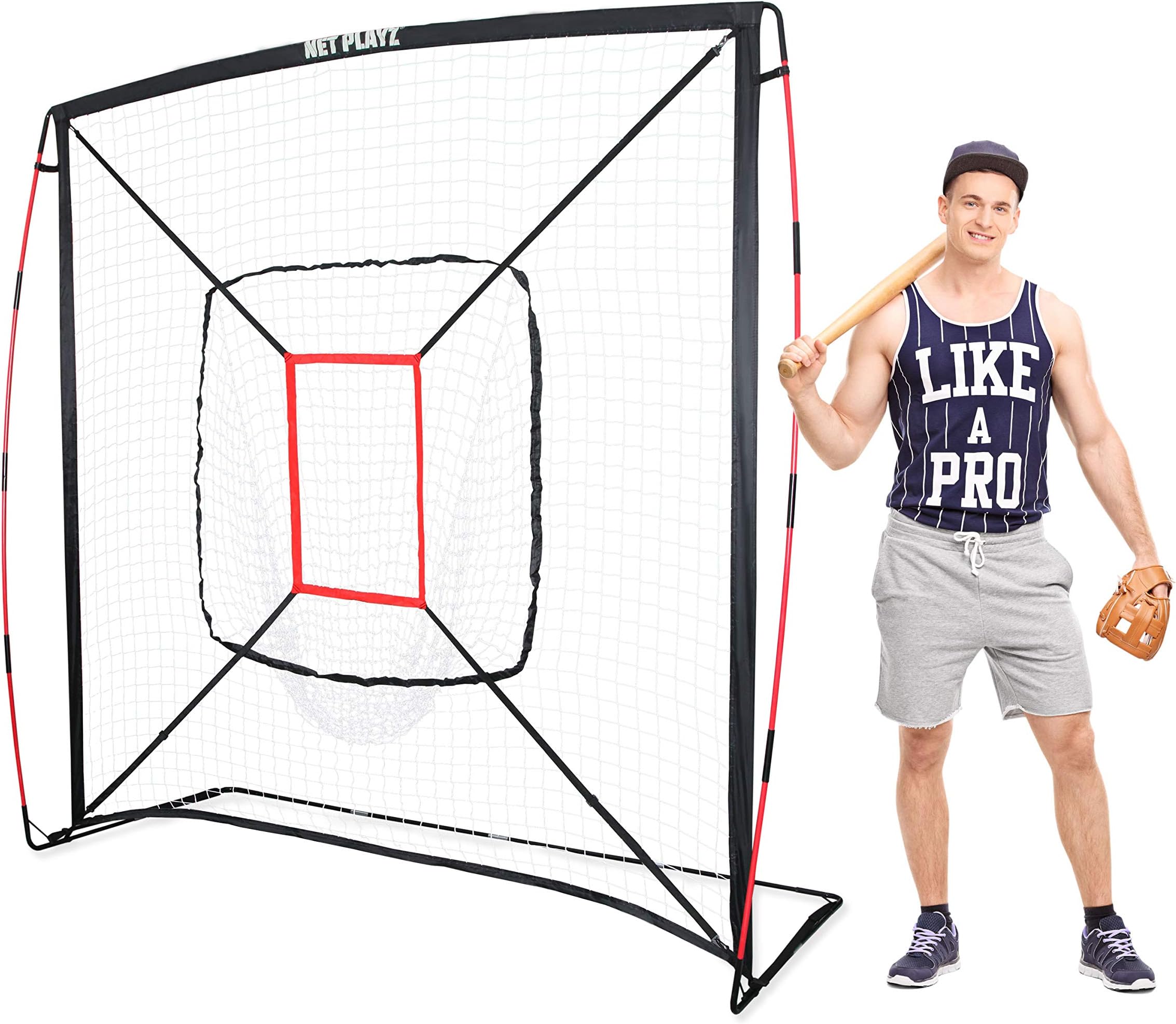 NET PLAYZ7' x 7' Baseball & Softball Practice Hitting & Pitching Net Similar to Bow Frame, Great for All Skill Levels, Pop up/Easy Fold up/Fiberglass Frame, Light Weight, Portable, Black (NOC05140)