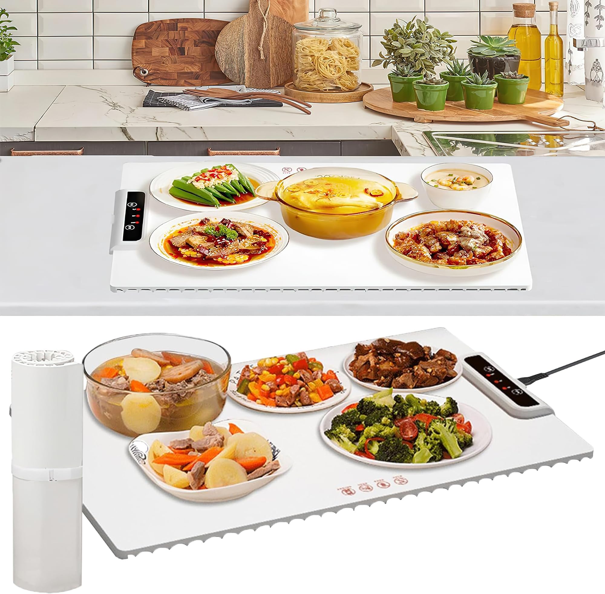 MULZI Silicone Full Surface Heating Mat: Electric Food Warmer with 3 Temperature Settings, Rollable and Portable Dining Table Tray Hotplate, Ideal Food Warmer Electric for Warming Trays