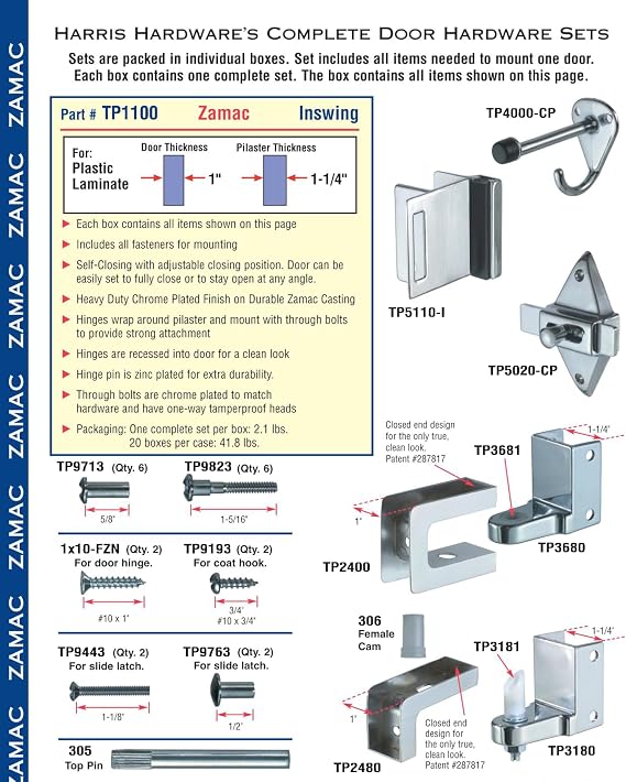 Toilet Partition Die Cast Zamac Complete Inswing Door Hardware Set, 1 in. Door 1-1/4 in. Pilaster