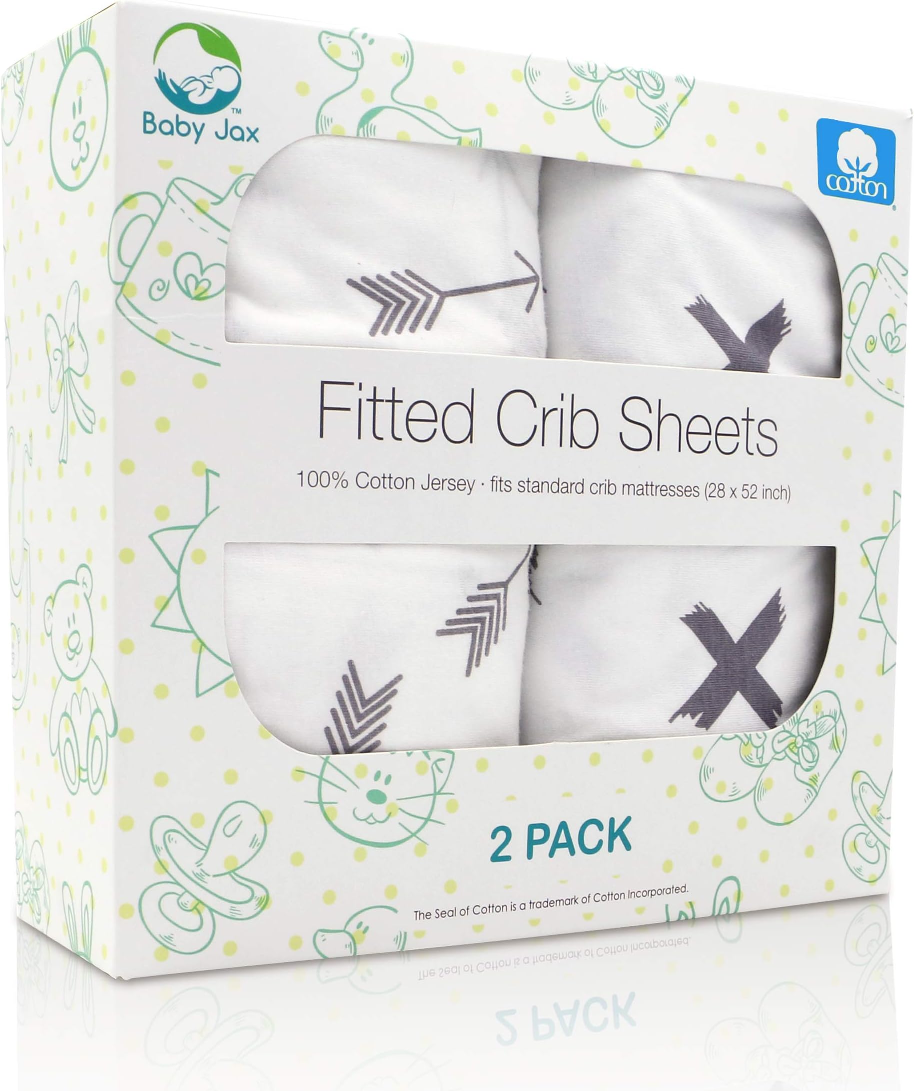 Premium Grey Fitted Crib Sheet Set (2 Pack) | Full Size | 100% Jersey Cotton | Certified No Harmful Chemicals | Adorable Modern Gray Arrows + X Designs | Infant Baby Crib Sheets for Boys and Girls