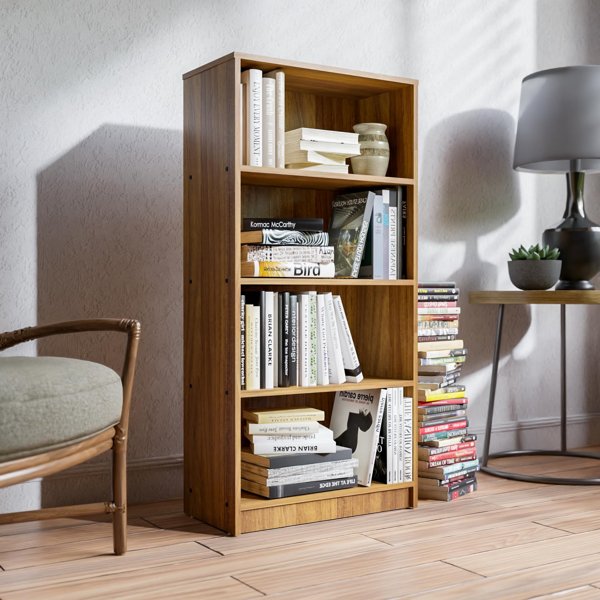 NEUDOT Hunter Engineered Wood 4-Shelf Open Bookshelf Cabinet | Book Rack Organizer for Decor & Display | Floor-Standing Bookcase for Home, Office & Library | Leon Teak Finish-image-17