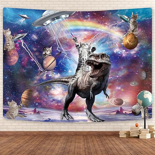 Divertido tapiz de gato, dinosaurio en el universo de fantasía, galaxia espacial OVNI para niños y niños, divertido tapiz de gato anime, para colgar