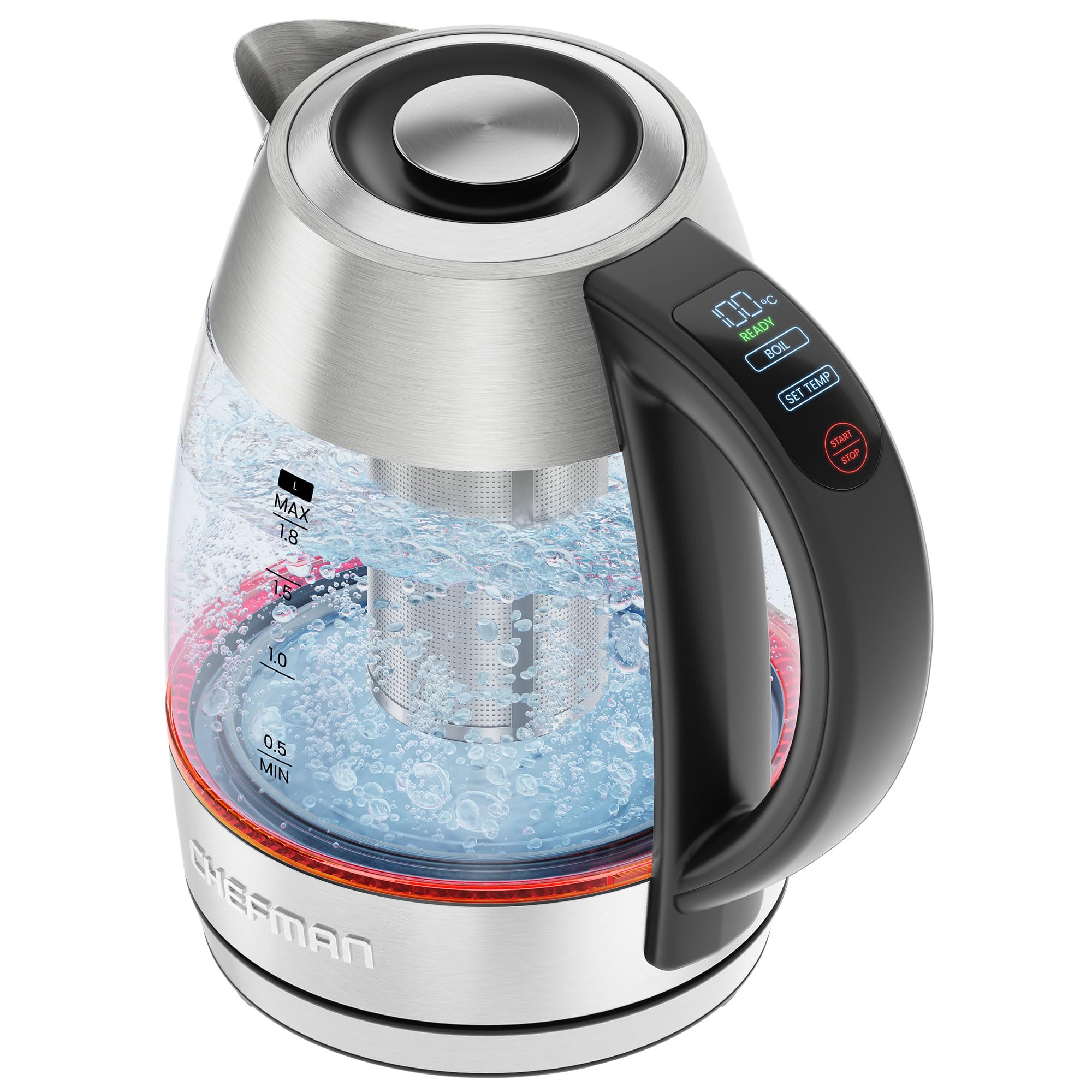 CHEFMAN Lightning High-Powered Electric Kettle, Rapid Boil 2 Cups in 2 Minutes, BPA Free Cordless Tea Kettle with Digital Temperature Control and 1-Hour Keep Hot – Stainless Steel