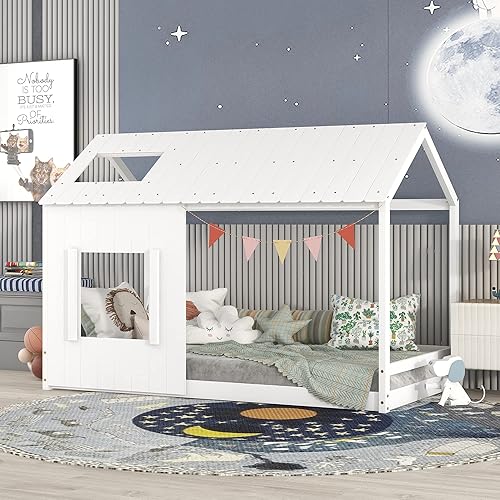 Merax Twin Size Wooden House Bed with Roof and Window, White