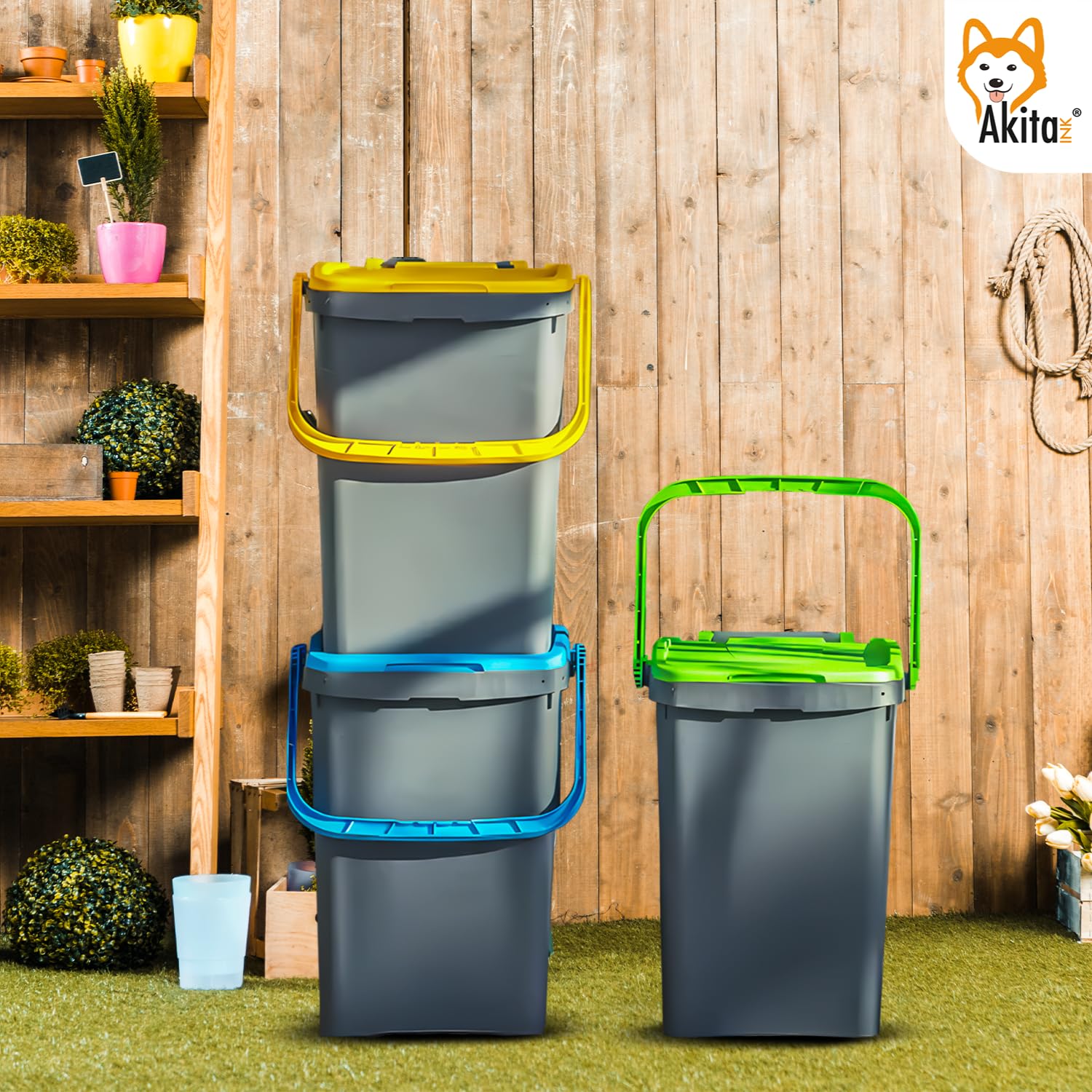 AKITAInk Set 3 Pattumiere AKIPATFOLK da 50L Cad. Totale 150L - Bidoni Differenziata in Plastica Riciclata, Made in Italy, con Manico Antirandagismo e Doppia Apertura per Interni ed Esterni