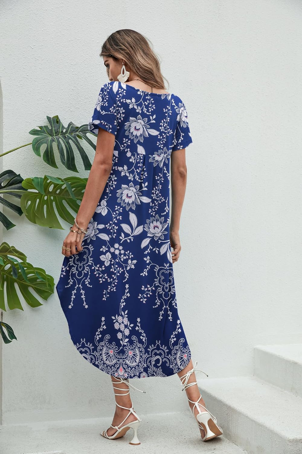 Ekouaer Long Nightgowns for Women Short Sleeve House Dress with Pockets V Neck Sleepshirts Side Split Sleepwear S-4XL - Image 4