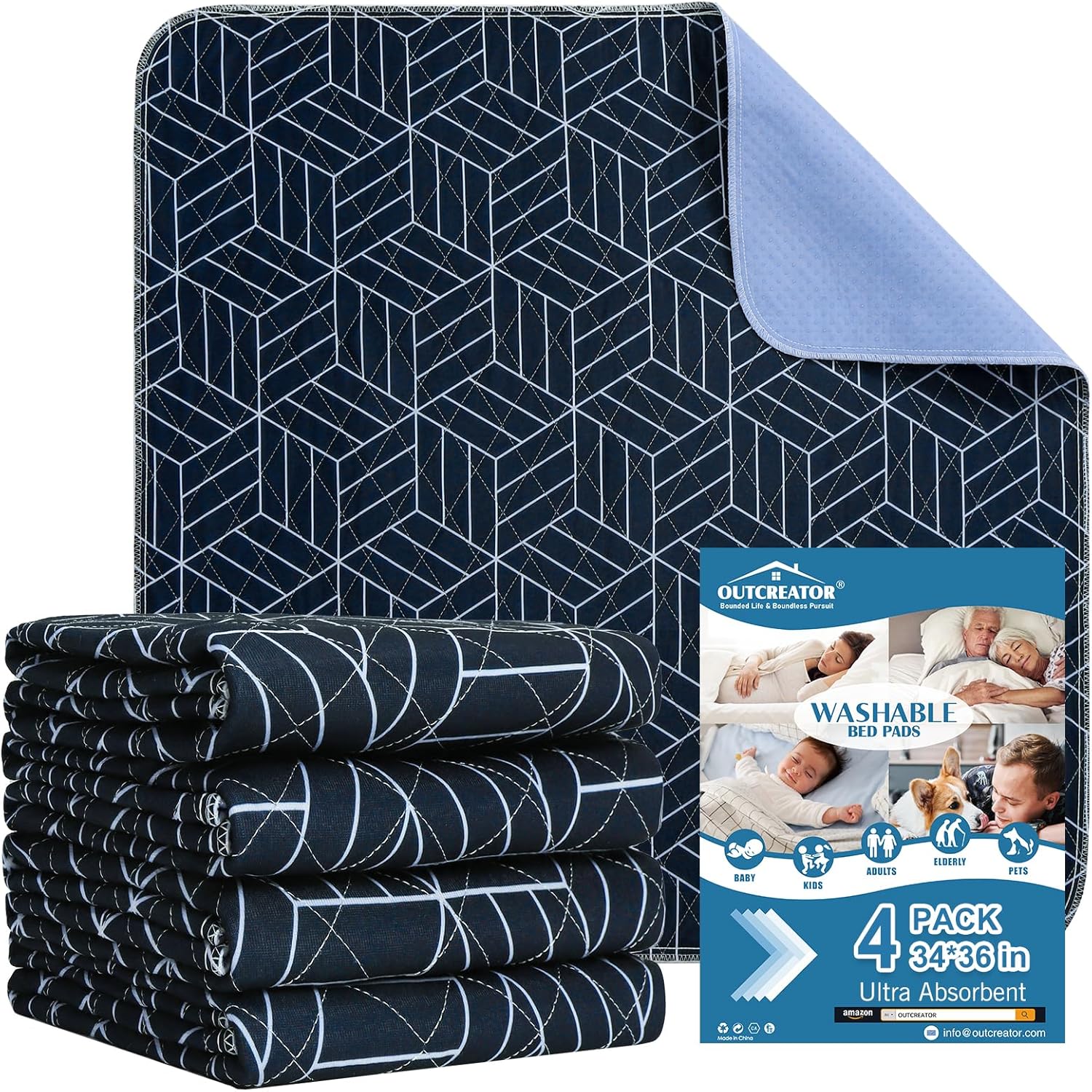OUTCREATOR® Washable Bed Pads 34" x 36" (Pack of 4), Incontinence Mattress Protector, Anti-Slip Waterproof Underpads for Adults Kids Elderly Pets, Absorbency & Reusable Bedwetting Pads (Navy Blue)