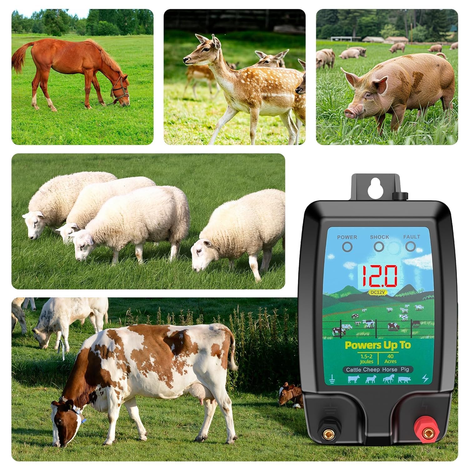 Elektrozaungerät 12KV, Weidezaungerät mit LCD-Anzeige, Elektrischer Schäferhund, 10 KM Reichweite, 2 Joule Ausgang, Wasserdicht für Nutztiere, Haustiere, Gärten und Obstplantagen