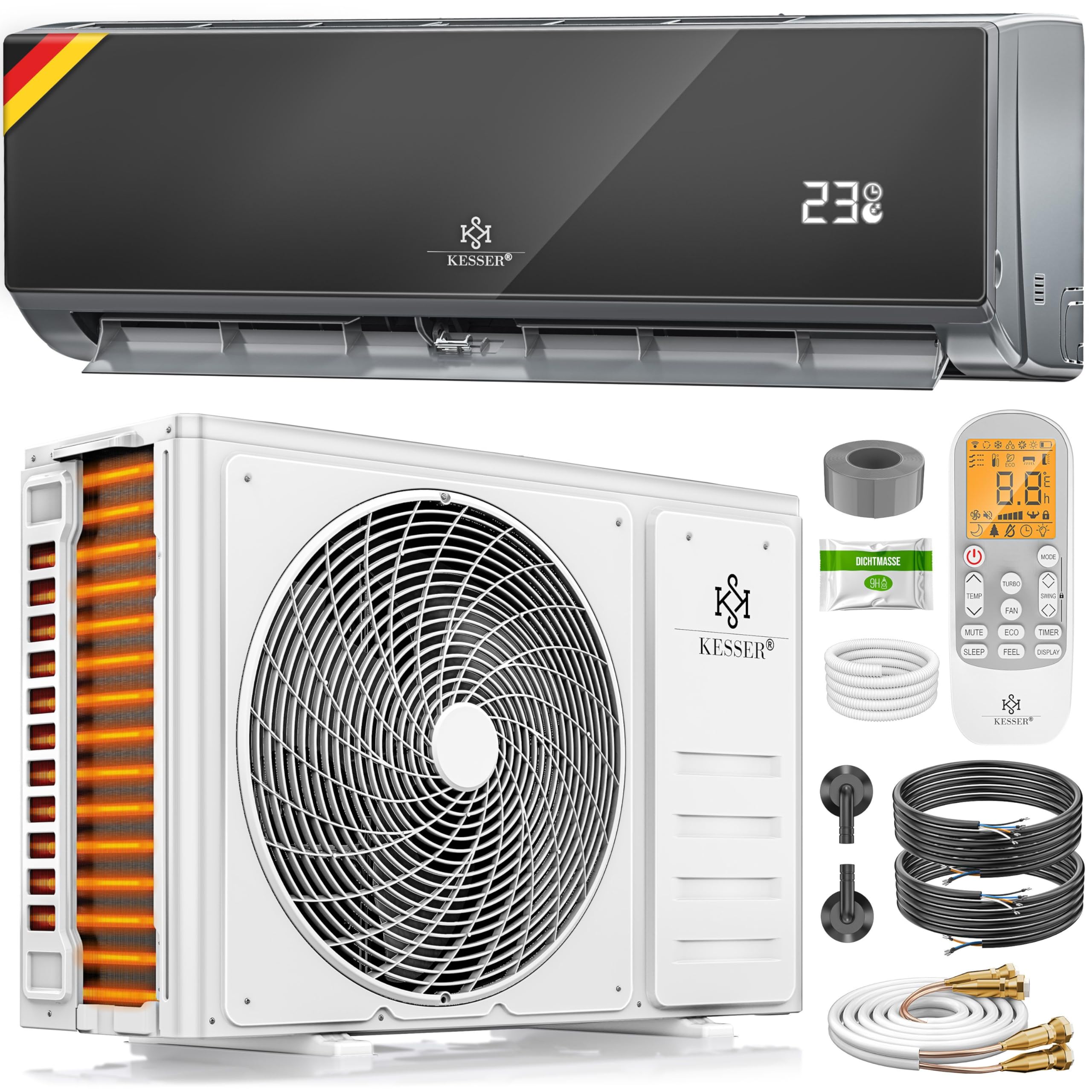 Kesser® Kit de climatisation Split Quick Connect 12000 BTU 3,4 kW – Appareil climatiseur WiFi & App avec fonction de chauffage & mode de refroidissement Climatiseur mural, avec tuyauterie en cuivre