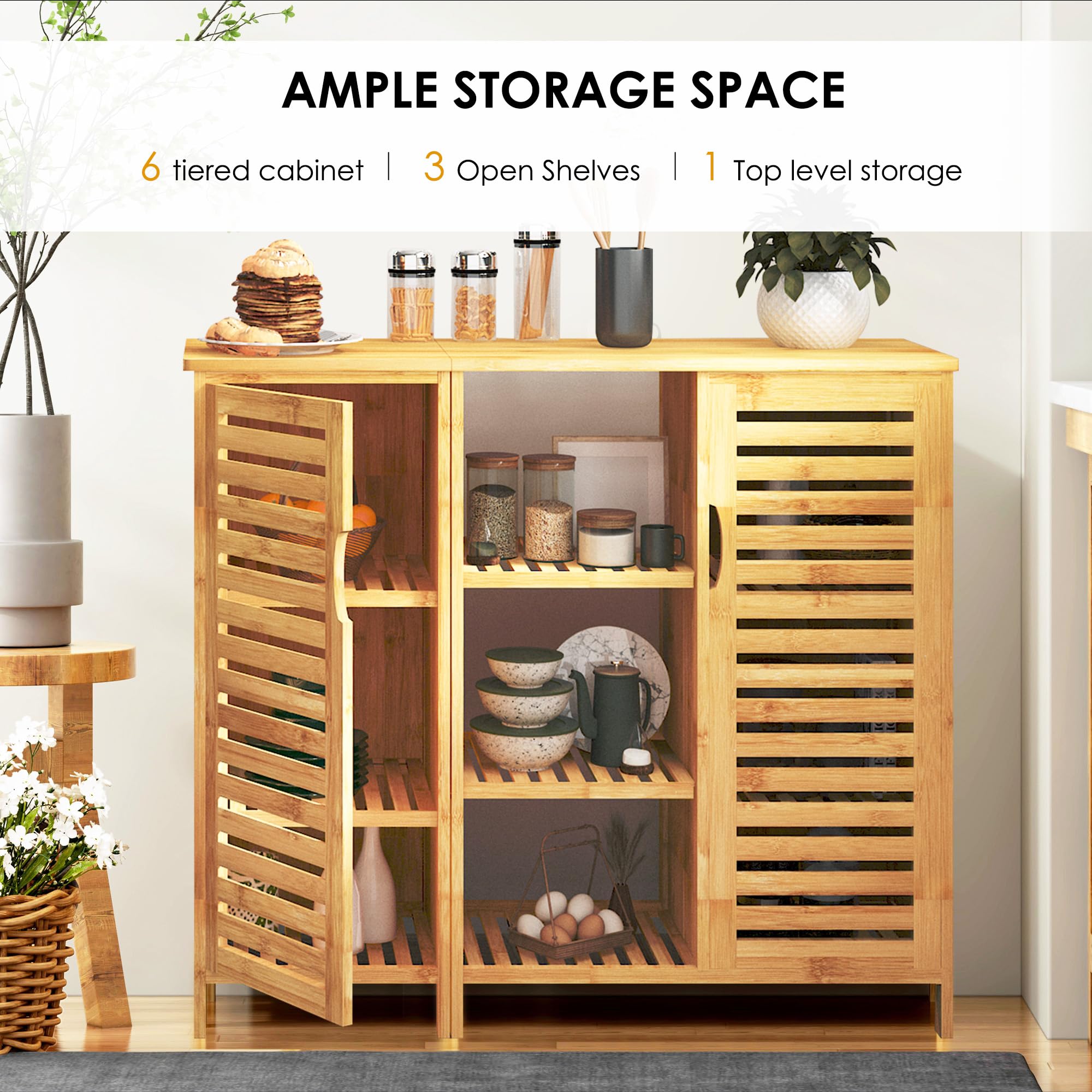 SogesPower Beistellschrank Bambus Badezimmerschrank Sideboard für Badezimmer, Buffet mit Standfüßen, Allzweck-Aufbewahrungsschrank für Wohnzimmer, Küche, Büro oder Flur