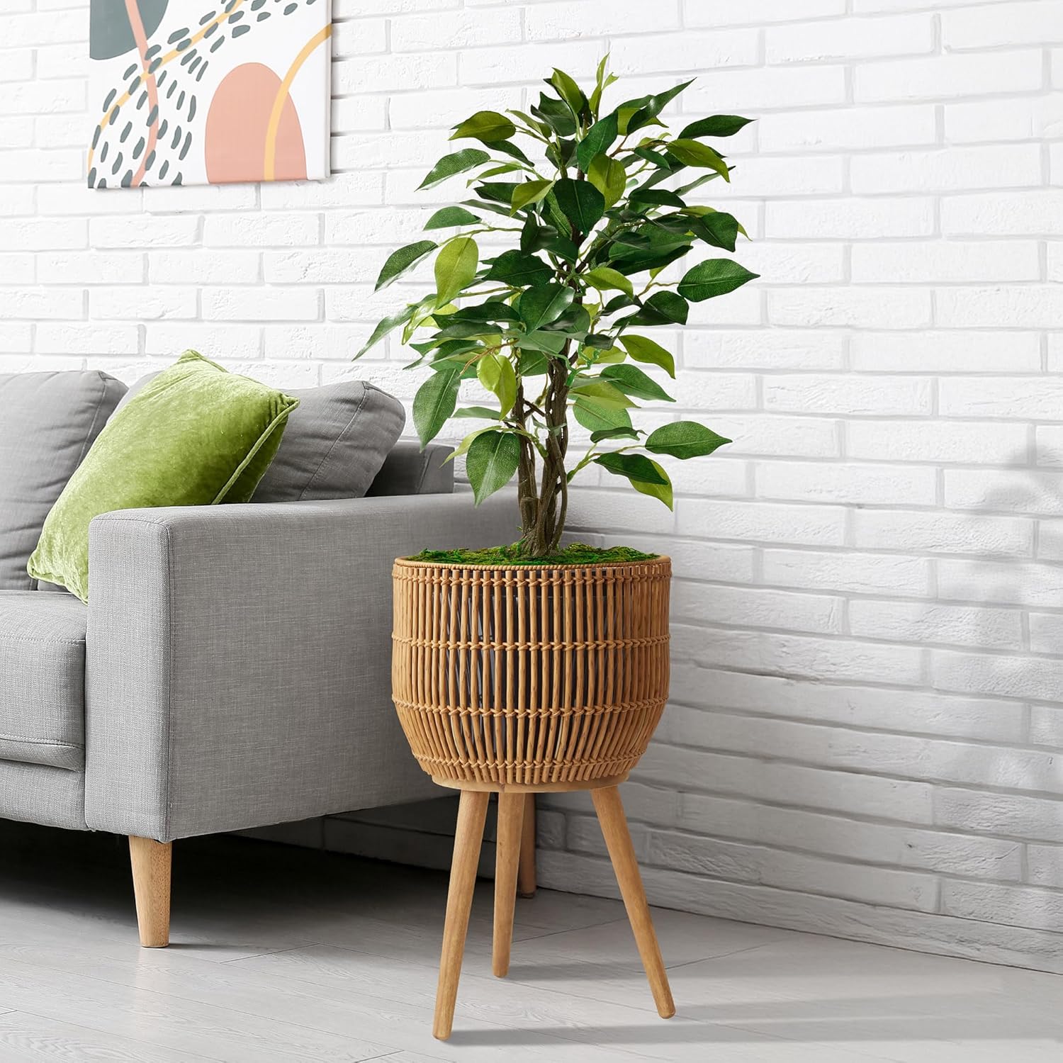 Casafield Indoor Planter with Stand, Natural Floor Planter with Wood Legs, Large Plant Pot Cover with Liner for Houseplants, Flower Pots and Trees