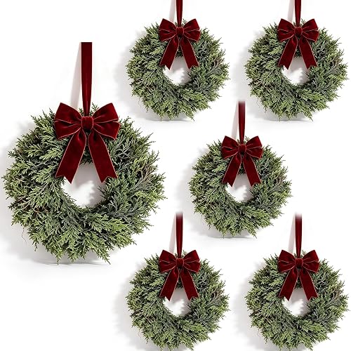 6 Pcs Small Christmas Hanging Wreaths with Artificial Cedar Pine