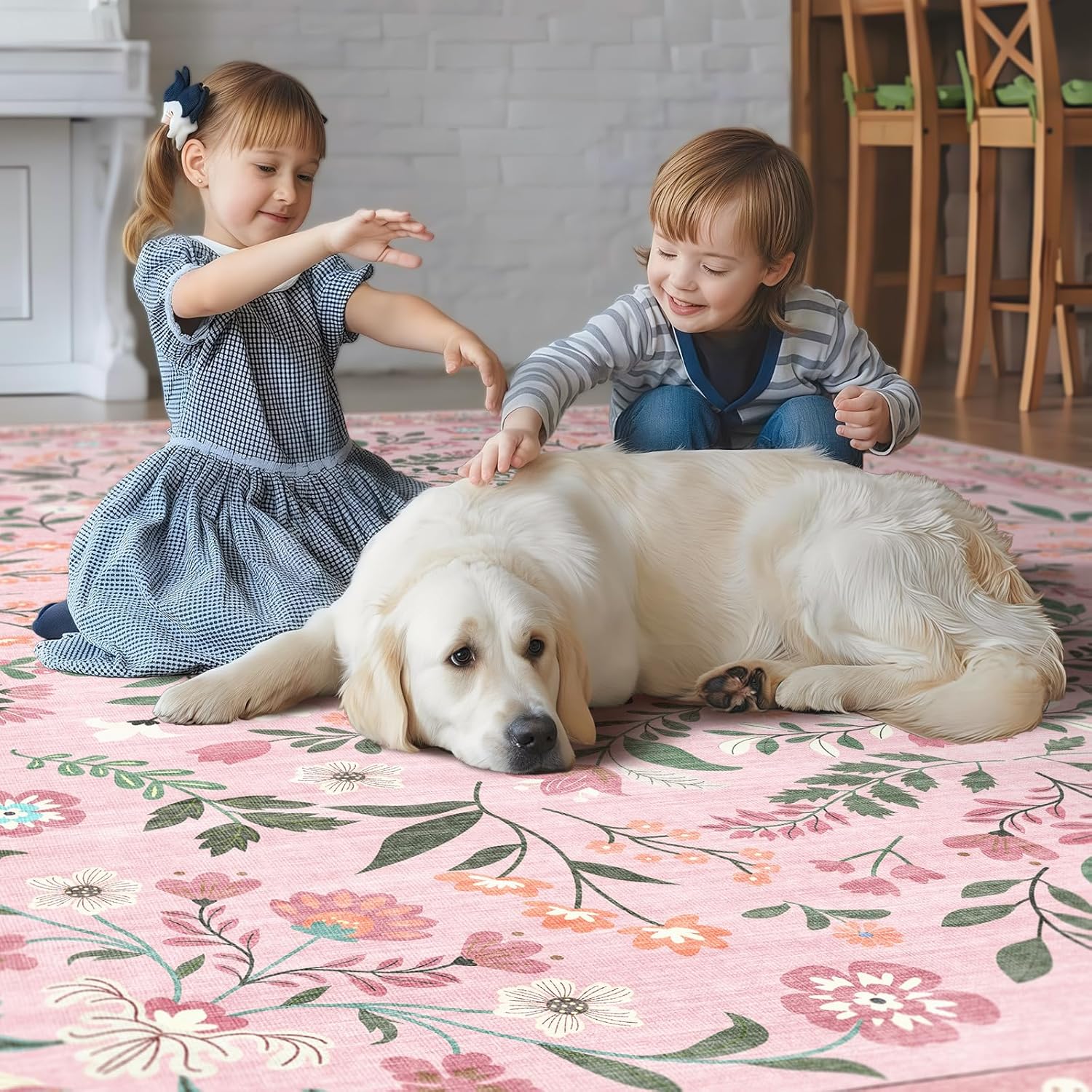 Pink 5x8 Floral Rug Washable Area Rug, Non-Slip Living Room Carpet Rugs for Bedroom Low Pile Faux-Wool Stain Resistant Machine Washable for Dining Room Kids Playroom Office Decor Indoor