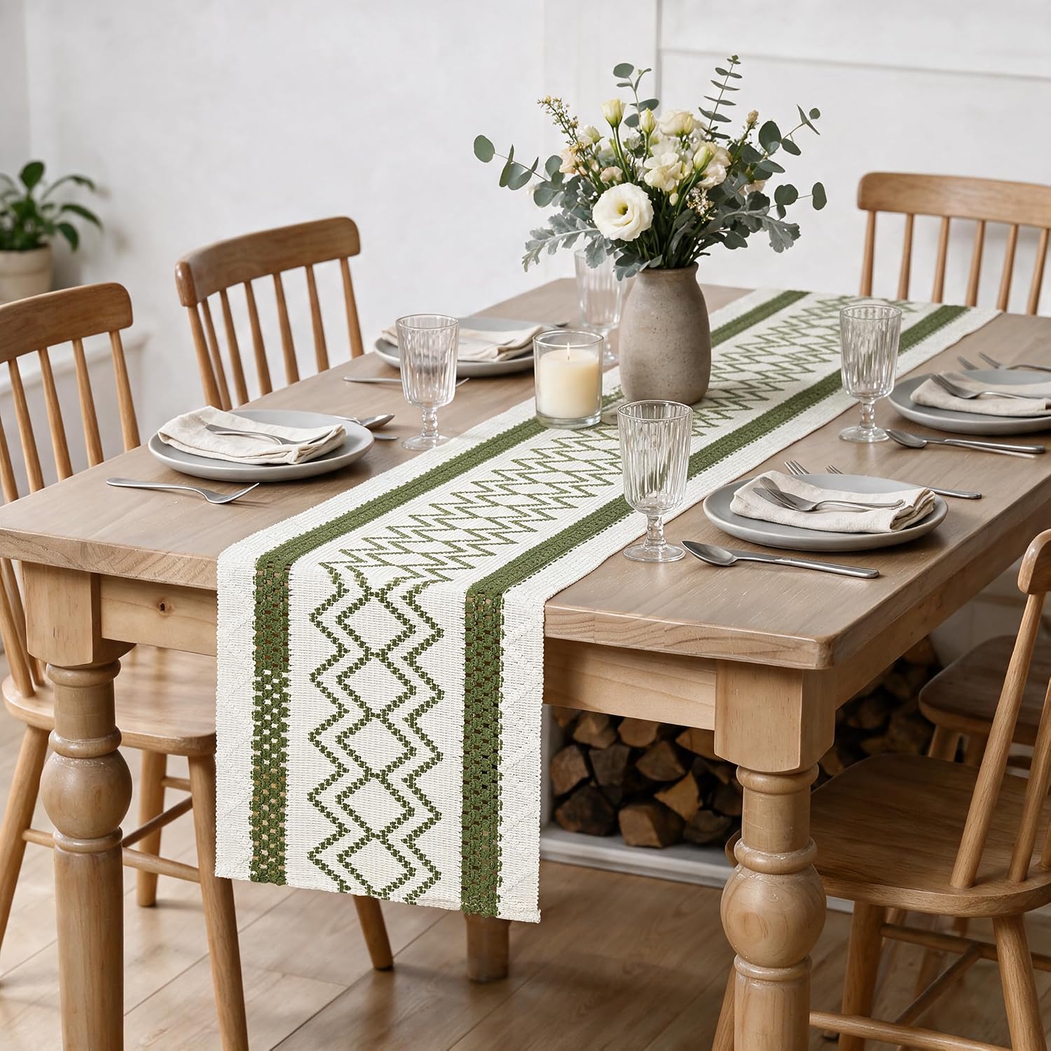 Artoid Mode Army Green Stripe Diamond Woven Table Runner 12x72 Inch