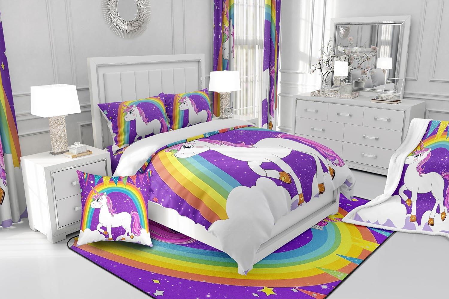Girls Unicorn Kids Duvet Cover Set Toddler Size,Cute Rainbow Unicorn Bedding Set,Boys Girls Room Decor,Galaxy Stars Fantasy Girls Quilt Cover,Pink White,No Comforter