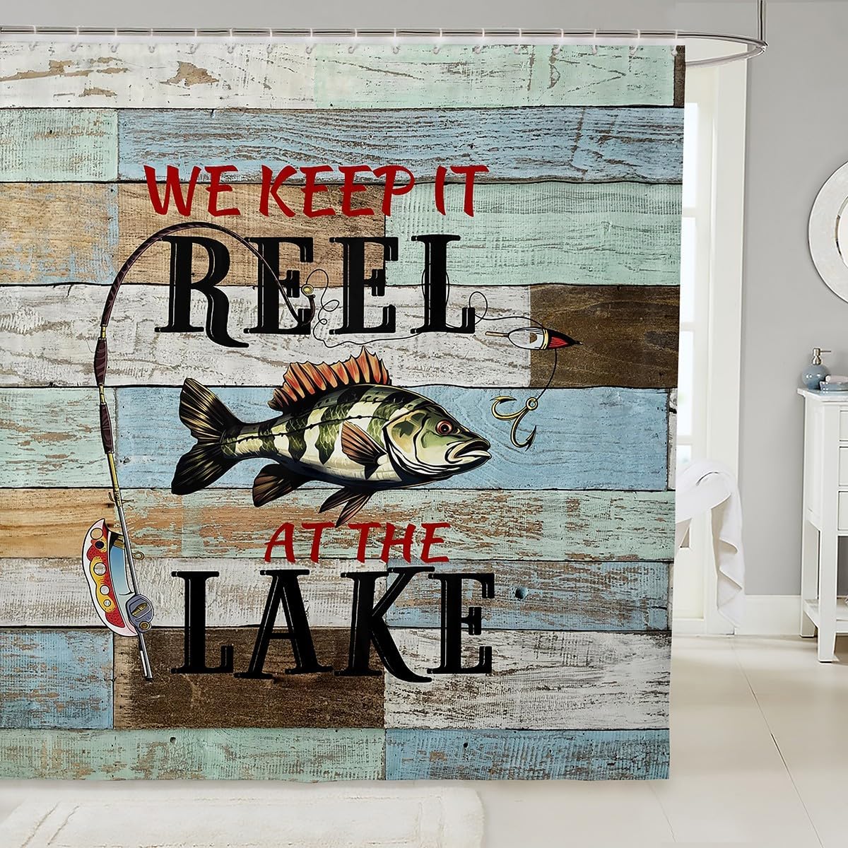 Lake Life Bathroom Curtains Pike Fish Fishhook Bath Curtain,Go Fishing Rod Shower Curtain The Lake House Gifts,Watercolor Rustic Cabin Lodge Wooden Plank Lake House Decor for The Home,72"Wx84"L