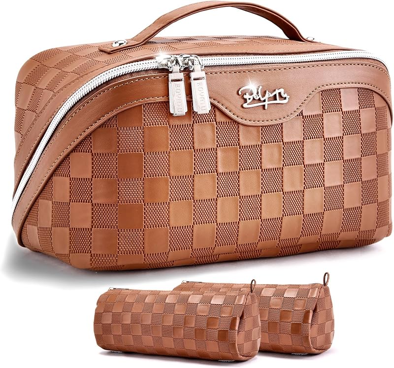 Necessaire de maquiagem para viagem BOYATU com 3 peças, abertura plana de 180°, 01-F-Brown