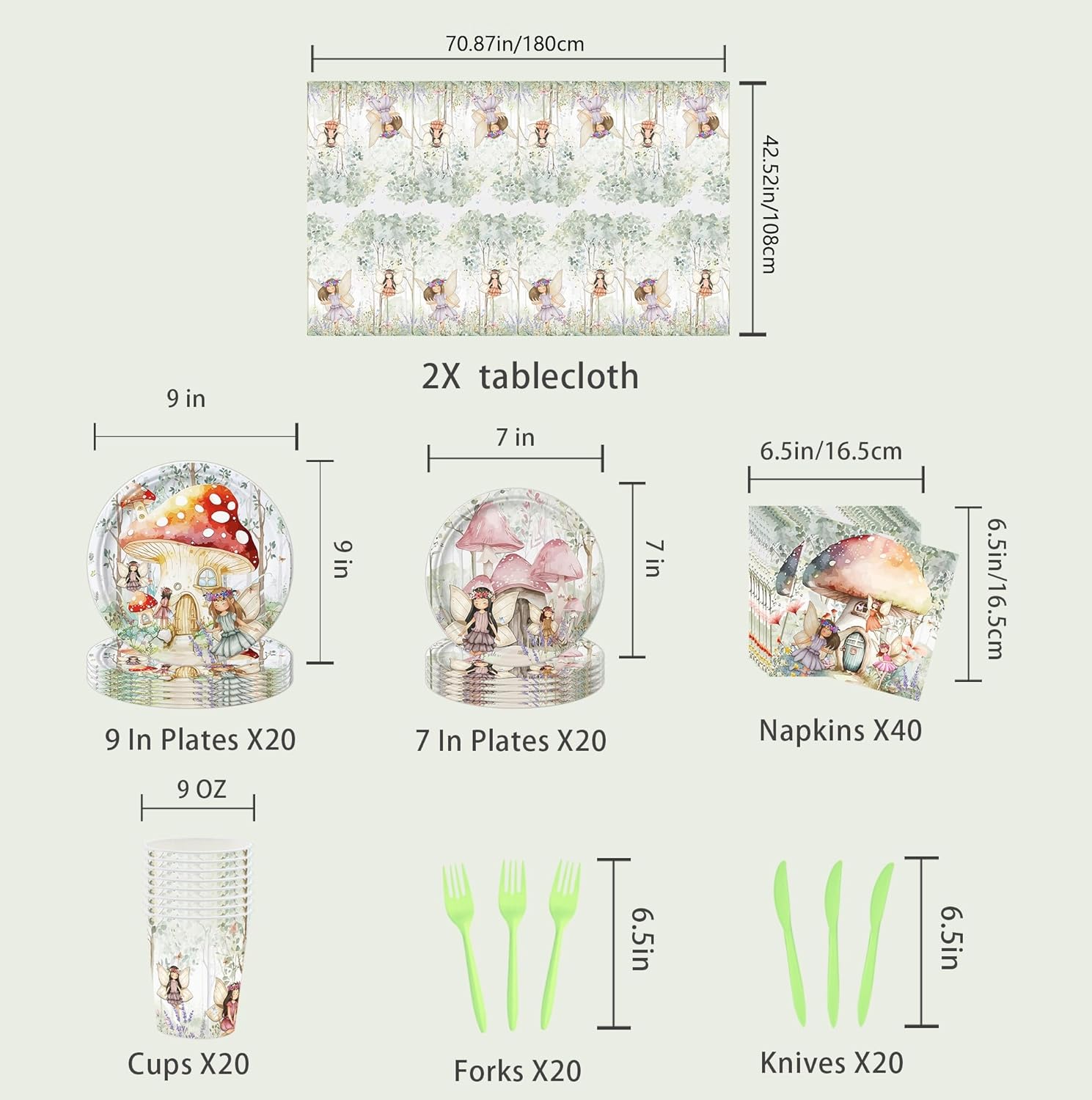 142Pcs Fairy Themed Birthday Party Supplies Include Fairy Plates-Cups-Napkins-Forks-Knives-Tablecloth for Kids Birthday Party Decorations