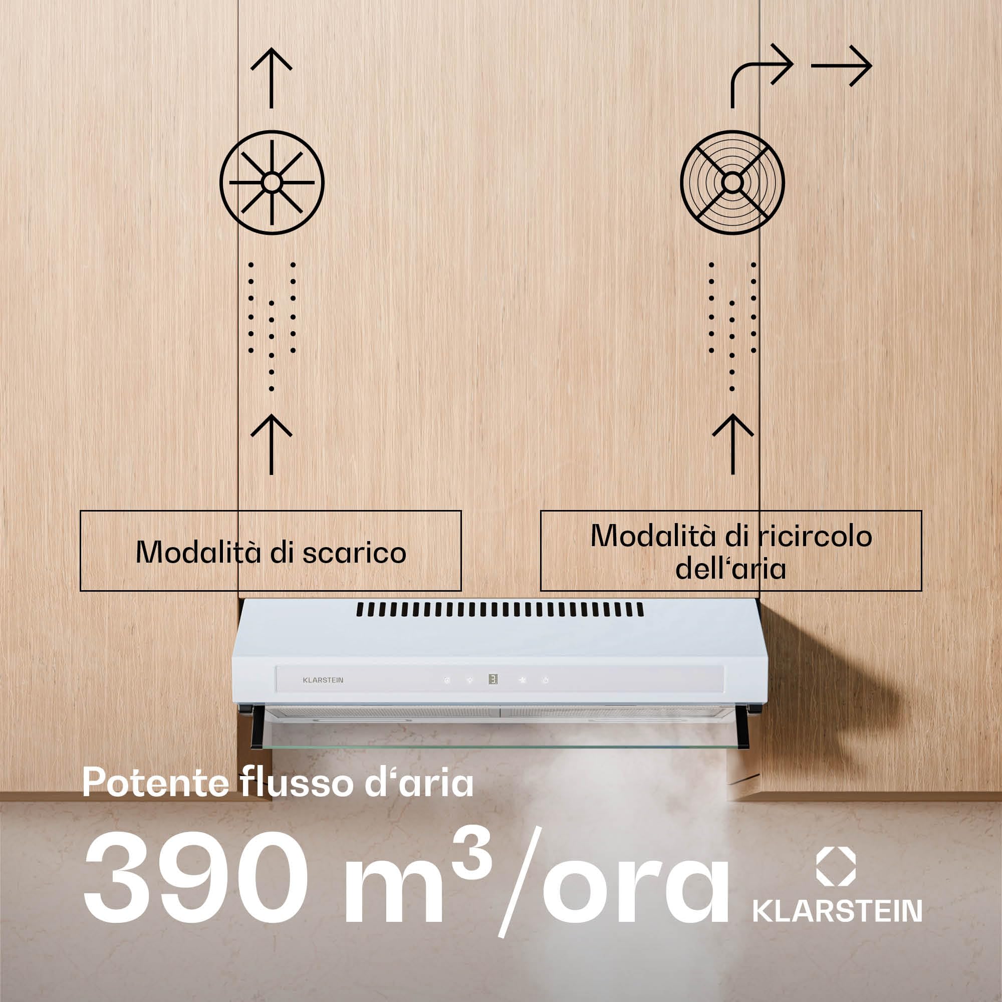Klarstein Purista Force - Cappa Aspirante da Incasso, 60cm, 400 m³/ora, Doppio Motore, Touch LED, Efficienza Energetica C, Modalità di Scarico/Ricircolo, Illuminazione LED, Bianco