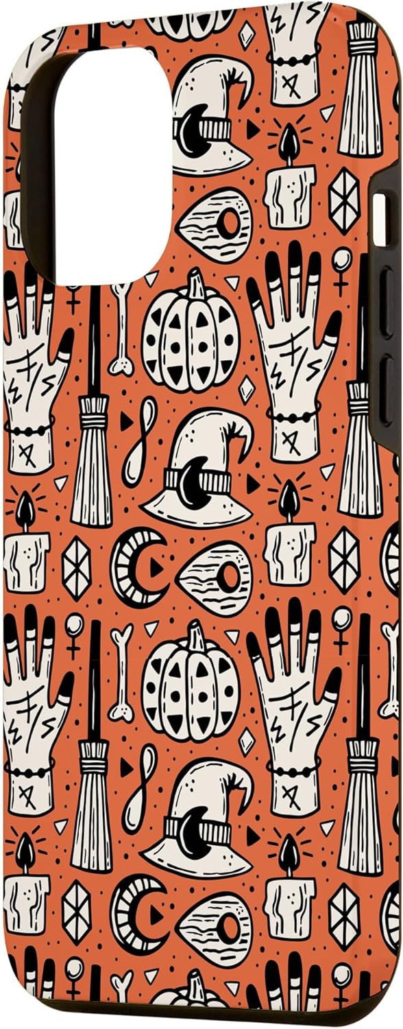 iPhone 14 Pro Max Halloween Witch Hat Pumpkin Broomstick Design Orange Phone Case