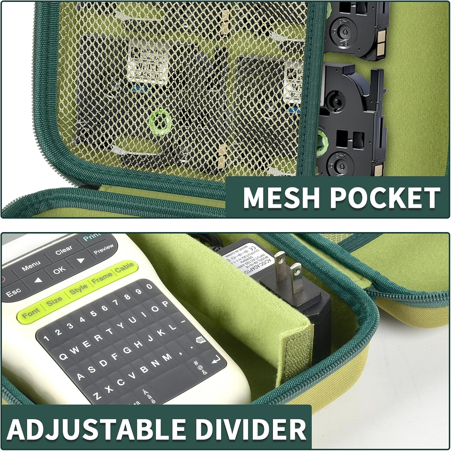 Case Compatible with Brother for P-Touch PTH110/ PRTH110/ Pro PT-H111/ PTE110 Portable Label Maker, Labeler Printer Storage Holder for Label Tapes, AC Adapter, Charging Cables (Box Only) (Green) - Image 4