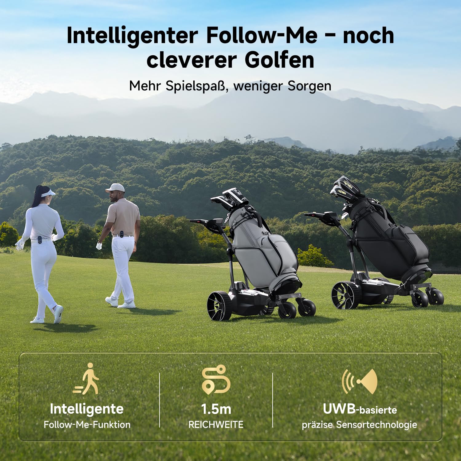NAVEE Golf Trolley Elektrisch, Electro Golf Trolley Klappbar, Birdie 3X, Follow Me, Lithiumakku für 36 Loch, Dynamische Power-Hilfe mit KI-Steuerung, Dual Motor Bergabfahrbremse, IPX5 viel Zubehör