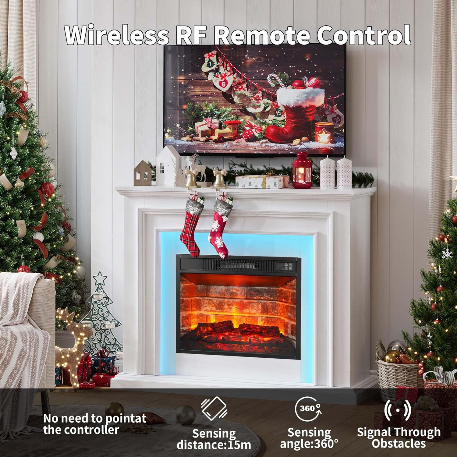 44" LED Lights Electric Fireplace with Mantel, Freestanding Entertainment Center Tv Stand with Red Brick Fire Place Insert for Living Room, White