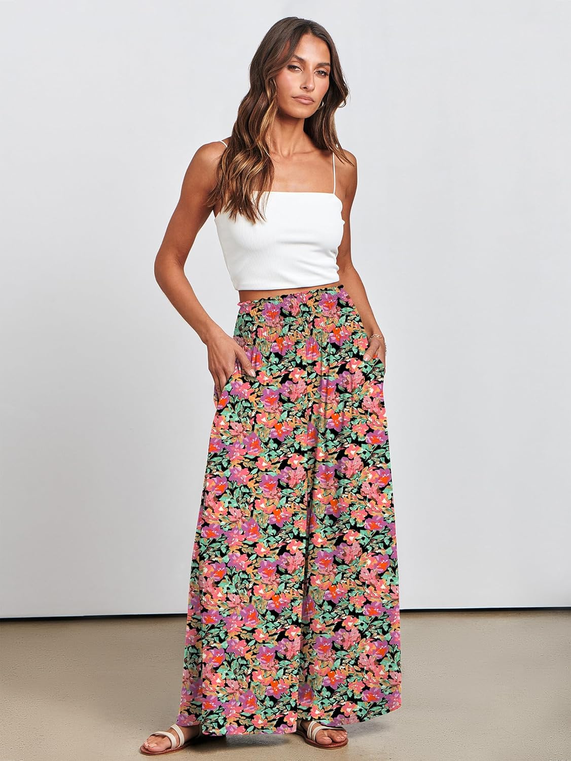 ANRABESS Women Palazzo Pants Summer Boho Bagyy Wide Leg High Smocked Waist Casual Loose Lounge Pant with Pocket - Image 3