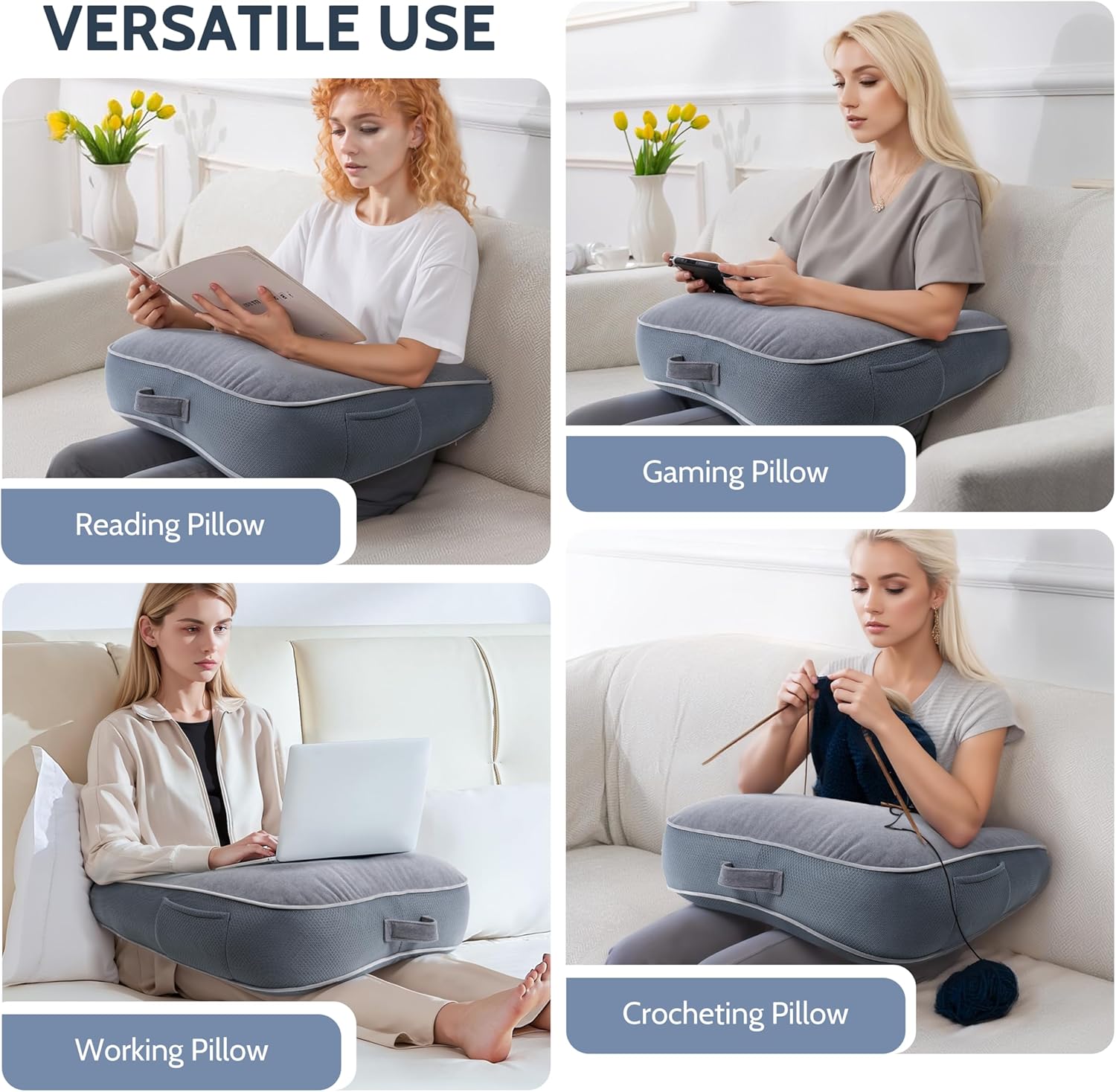 Reading Pillow for Gaming, Gaming Pillow for Lap, Side Sleeper Pillows for Adults, Arm Support Pillow for Adult Crocheting, Working or Sitting in Bed, Floor & Sofa (Grey)