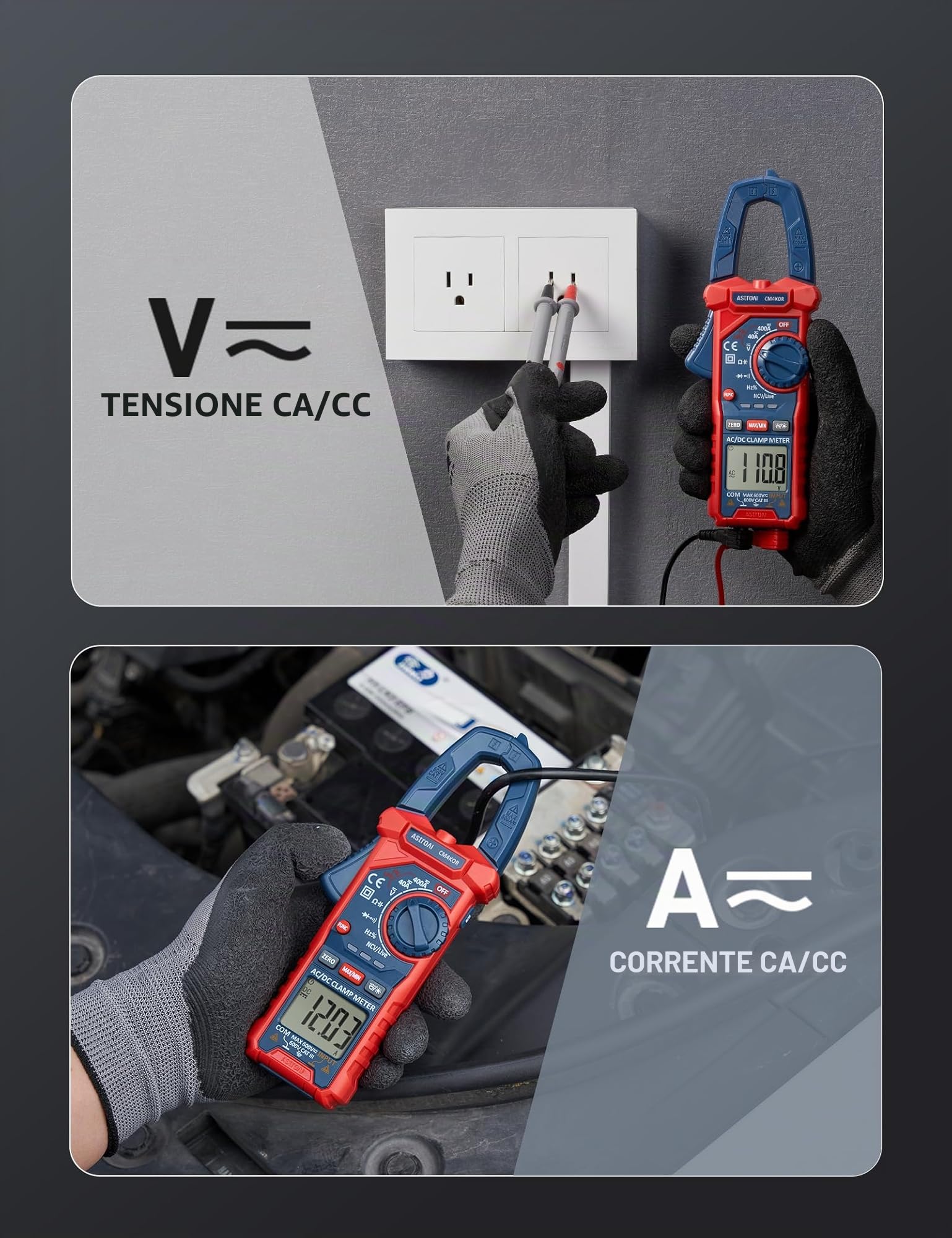 Digital AstroAI AC/DC Current Clamp Voltage, Electric Current, Current Resistance Capacitance Frequency AC Diode test, resistenza, continuità; Diodo di prova, LPF