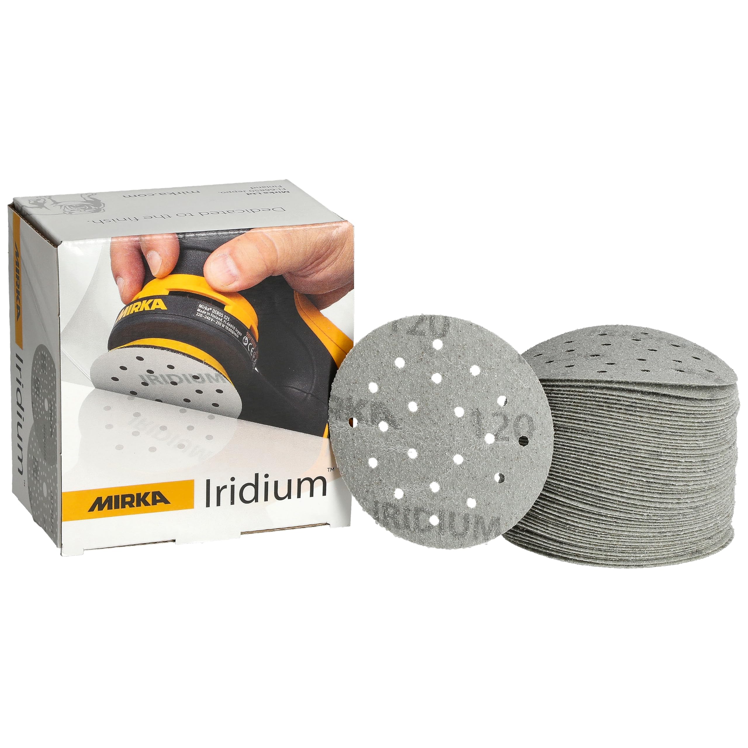 Mirka Iridium Premium Sandpaper Ø 77mm 20H Hook & loop Grit 120, 50 pcs/For sanding paint, putty, primer, wood, steel, mineral materials, plastic.
