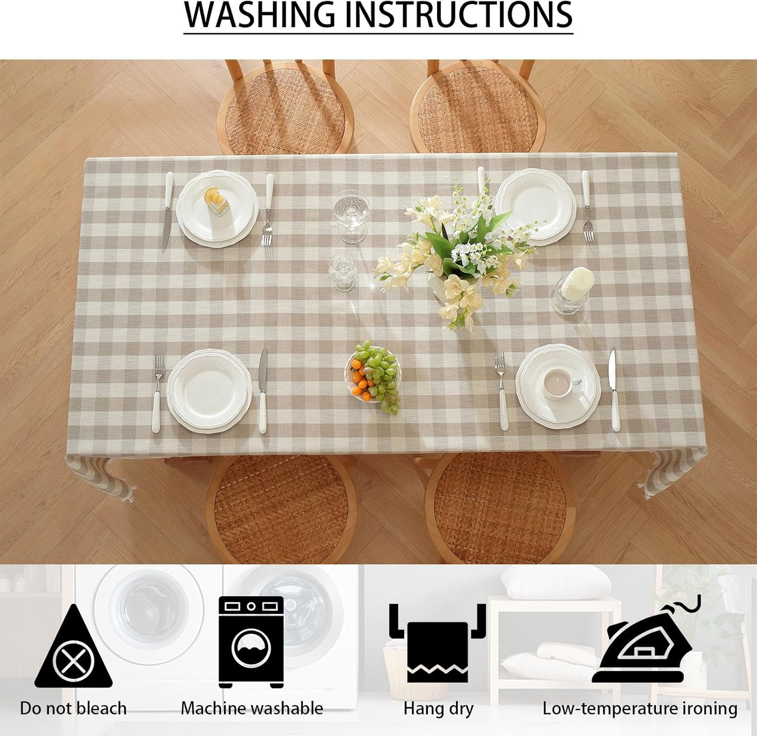 Gingham Tablecloth Rectangular, Tassels Checkered Table Cloth Washable Cotton Linen Plaid Table Cover for Spring Summer Kitchen Dining Party,Beige and White,55x55
