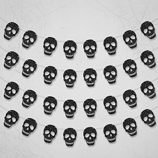 4 Halloween Black Skull Garland, 32PCS Gothic Skeleton Birthday Decorations | Classic Skull, Banner, Horizontally Linked, Easy To Hang, for Indoor, Door, Fireplace, Haunted House Decor, Party Supplies