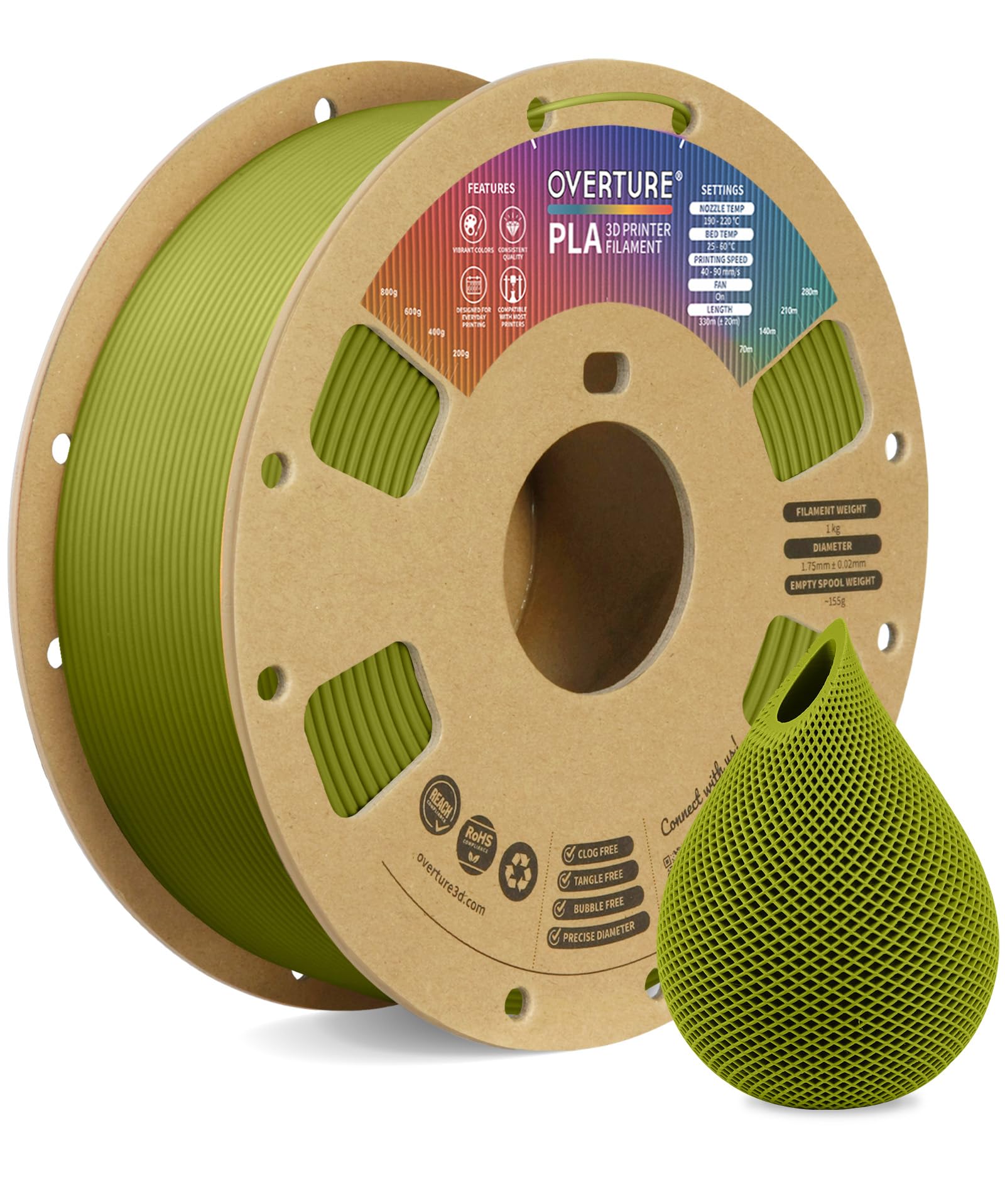 OVERTURE PLA Filament 1.75mm, Neatly Wound 3D Printer Filament 1kg Spool (2.2lbs), Dimensional Accuracy +/- 0.02 mm, Fit Most FDM 3D Printers (Olive Green)
