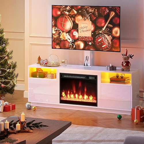 Miniatura 2 de Rolanstar Fireplace TV Stand with Led Lights and Power Outlets, Entertainment Center with Electric Fireplace, Swivel TV Stand Mount for 45/55/60/65