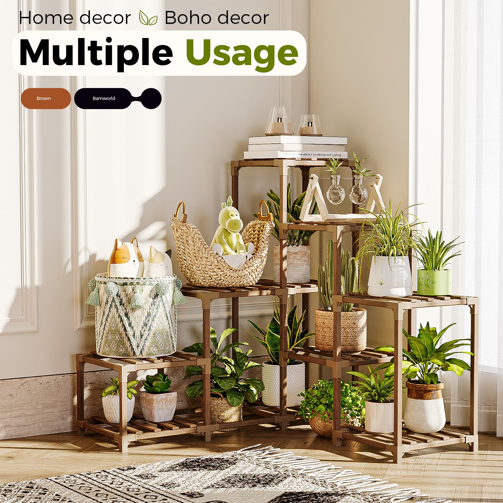 Bamworld Plant Stand Indoor Corner Plant Shelf Outdoor for Multiple Plants Wood Flower Stand Ladder Plant Table for Plant Pots for Window Garden Balcony Living Room
